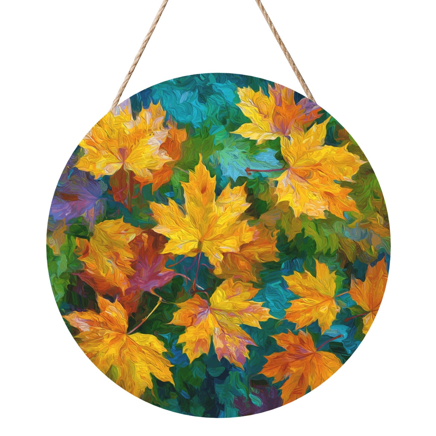 12 - inch (Approx 30cm) Round Wooden Wall Art - Colorful Maple Leaves Decorative Hanging Signs (Set of 3)