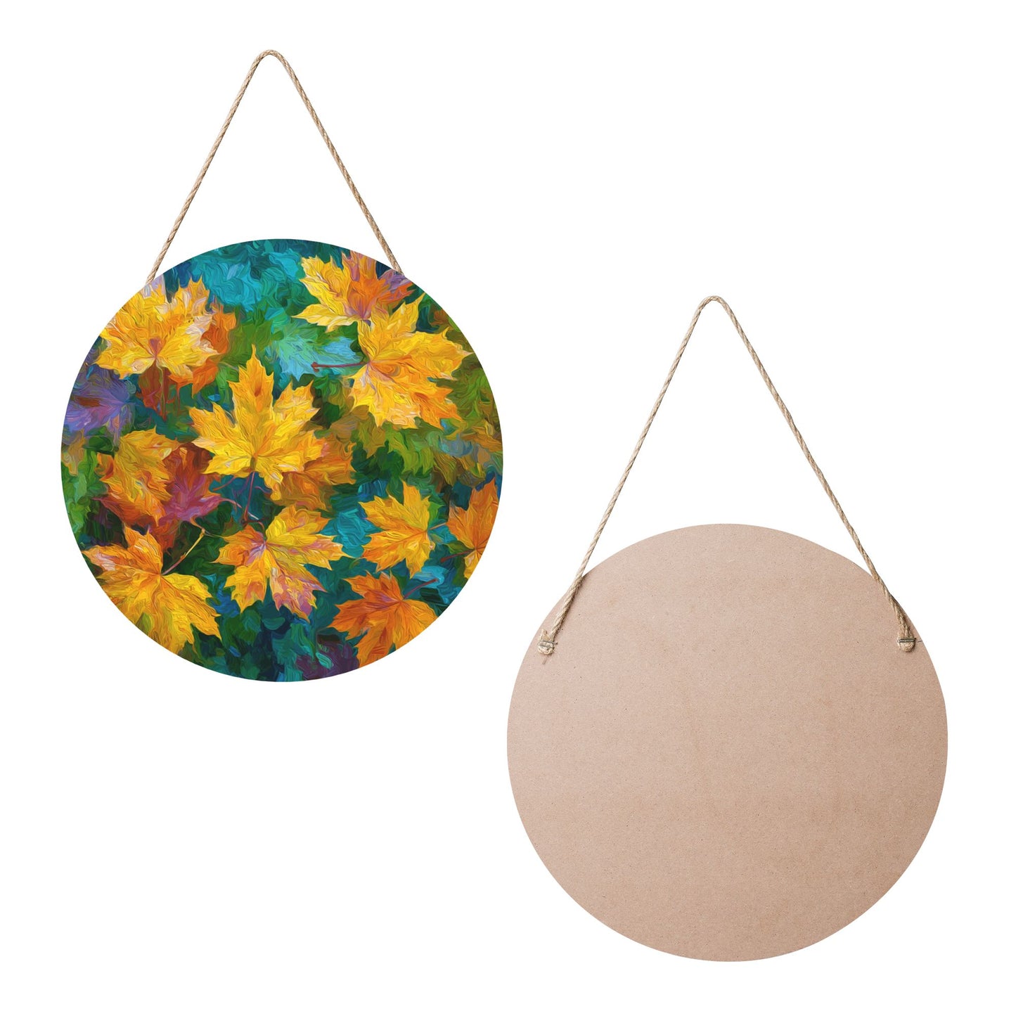 12 - inch (Approx 30cm) Round Wooden Wall Art - Colorful Maple Leaves Decorative Hanging Signs (Set of 3)