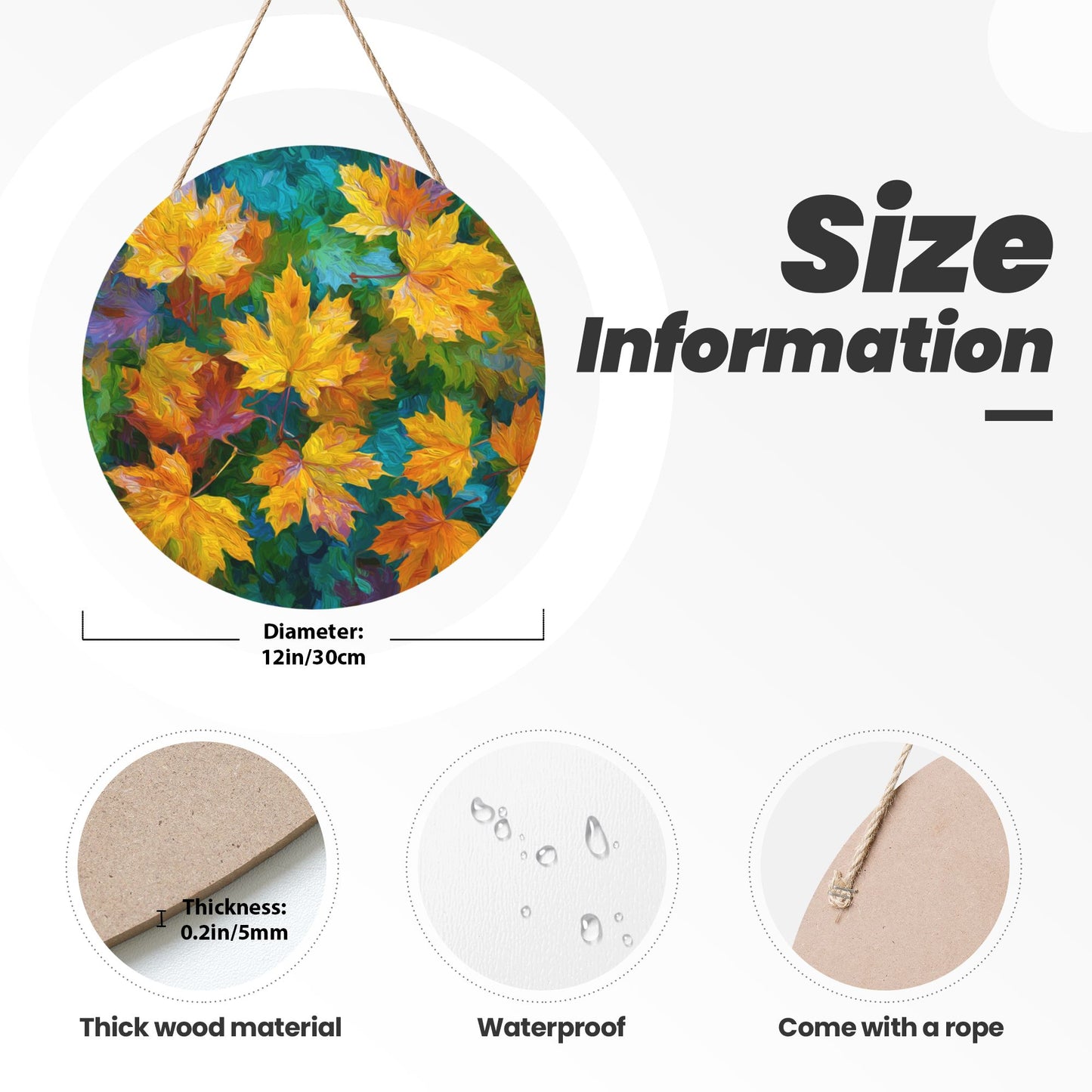12 - inch (Approx 30cm) Round Wooden Wall Art - Colorful Maple Leaves Decorative Hanging Signs (Set of 3)