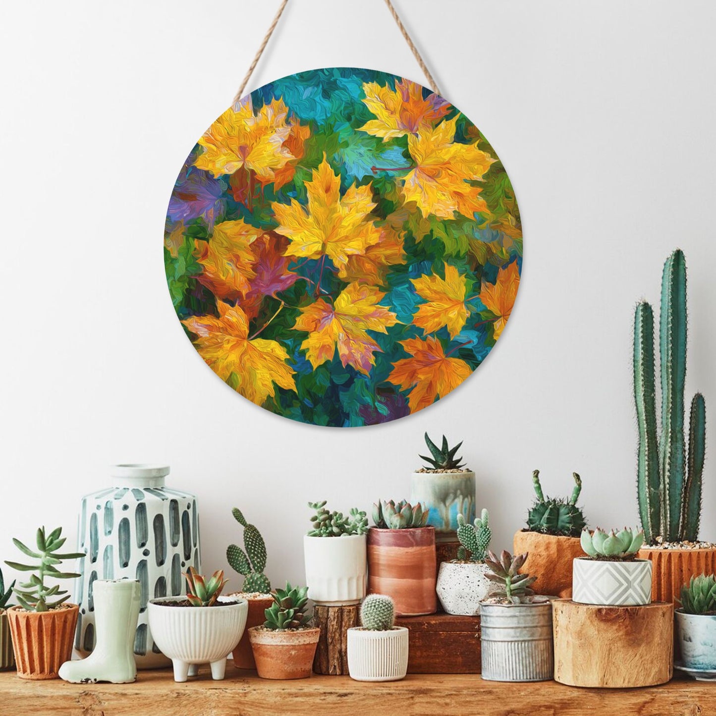 12 - inch (Approx 30cm) Round Wooden Wall Art - Colorful Maple Leaves Decorative Hanging Signs (Set of 3)