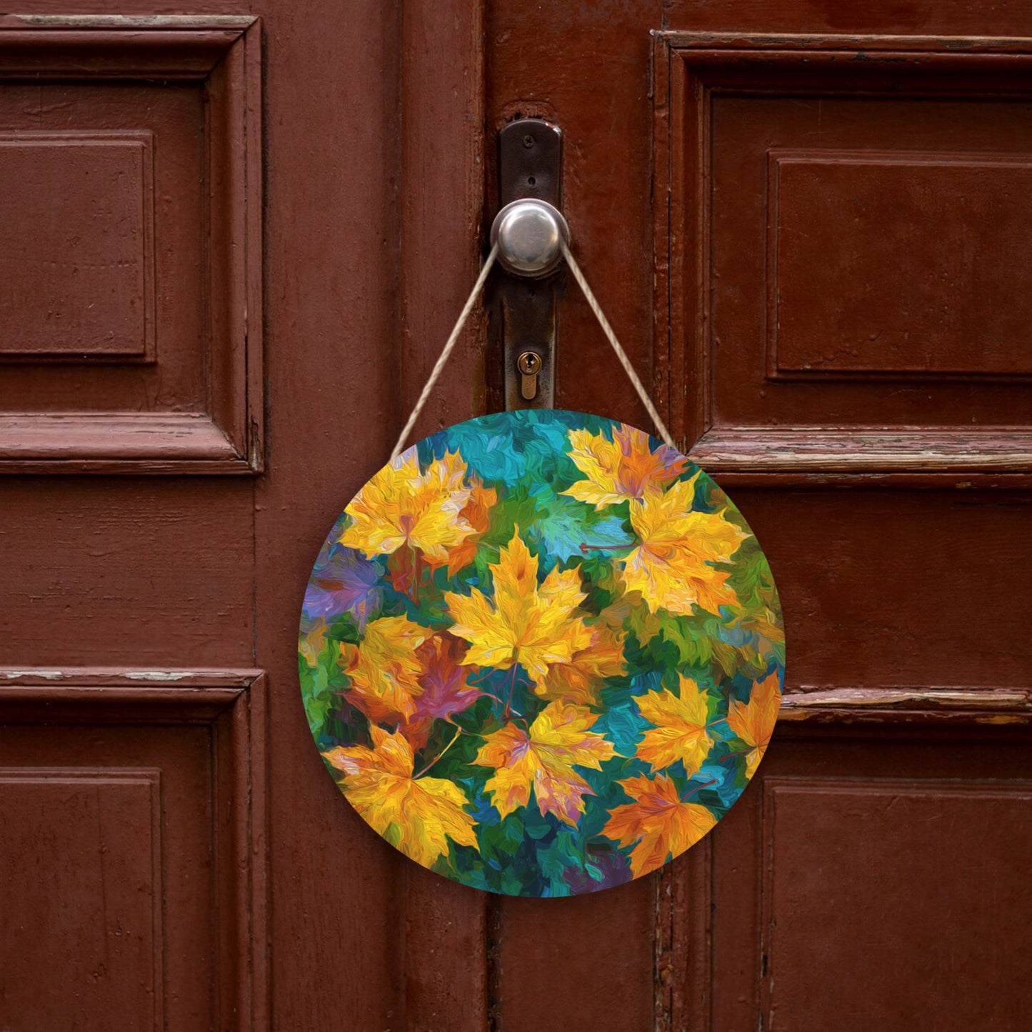 12 - inch (Approx 30cm) Round Wooden Wall Art - Colorful Maple Leaves Decorative Hanging Signs (Set of 3)