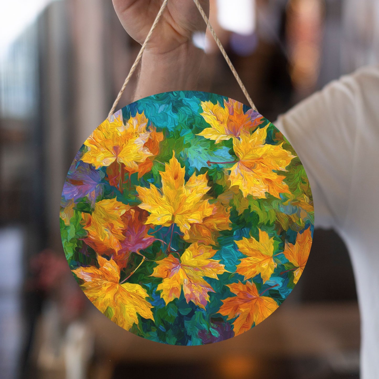 12 - inch (Approx 30cm) Round Wooden Wall Art - Colorful Maple Leaves Decorative Hanging Signs (Set of 3)