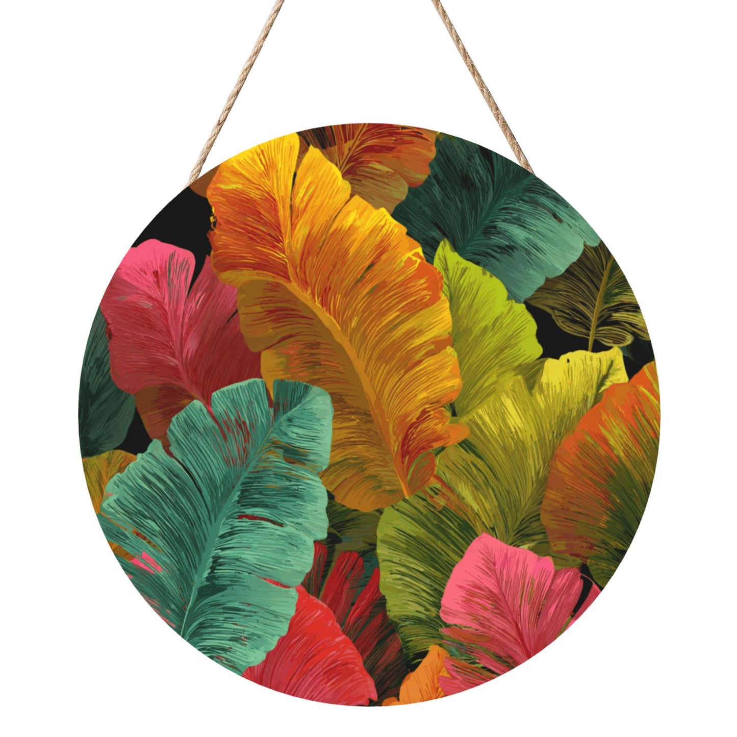 12 - inch (Approx 30cm) Round Wooden Wall Decor with Colorful Leaves - Set of 3 Wall Art (Including Hemp Rope Hook, Waterproof Thick Wood Material)