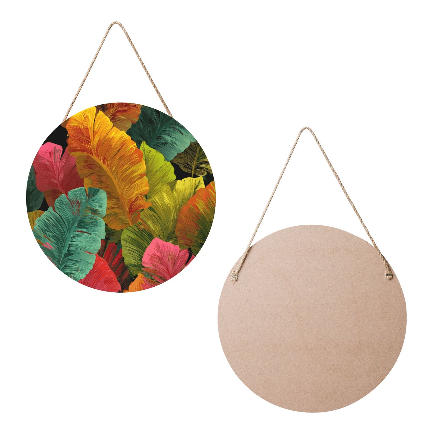 12 - inch (Approx 30cm) Round Wooden Wall Decor with Colorful Leaves - Set of 3 Wall Art (Including Hemp Rope Hook, Waterproof Thick Wood Material)