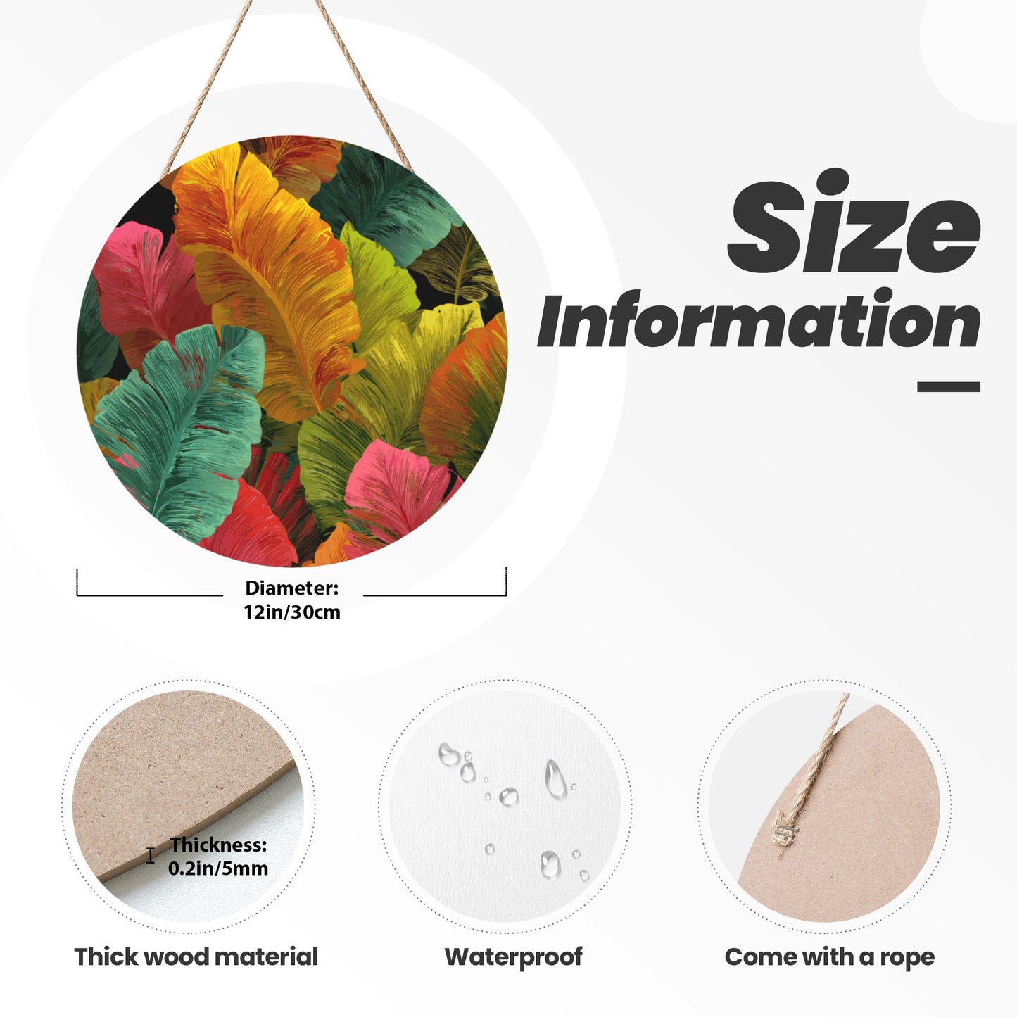 12 - inch (Approx 30cm) Round Wooden Wall Decor with Colorful Leaves - Set of 3 Wall Art (Including Hemp Rope Hook, Waterproof Thick Wood Material)