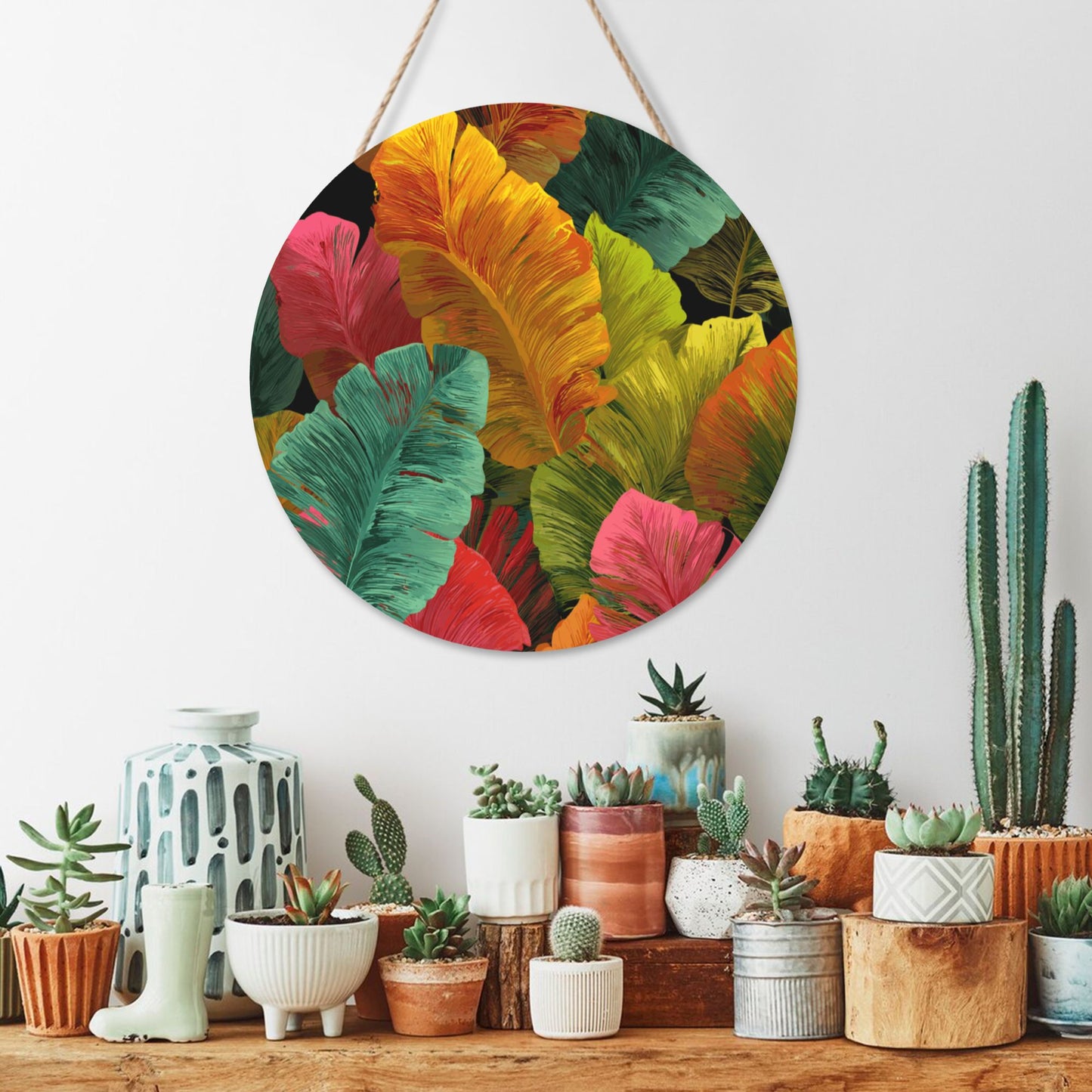 12 - inch (Approx 30cm) Round Wooden Wall Decor with Colorful Leaves - Set of 3 Wall Art (Including Hemp Rope Hook, Waterproof Thick Wood Material)