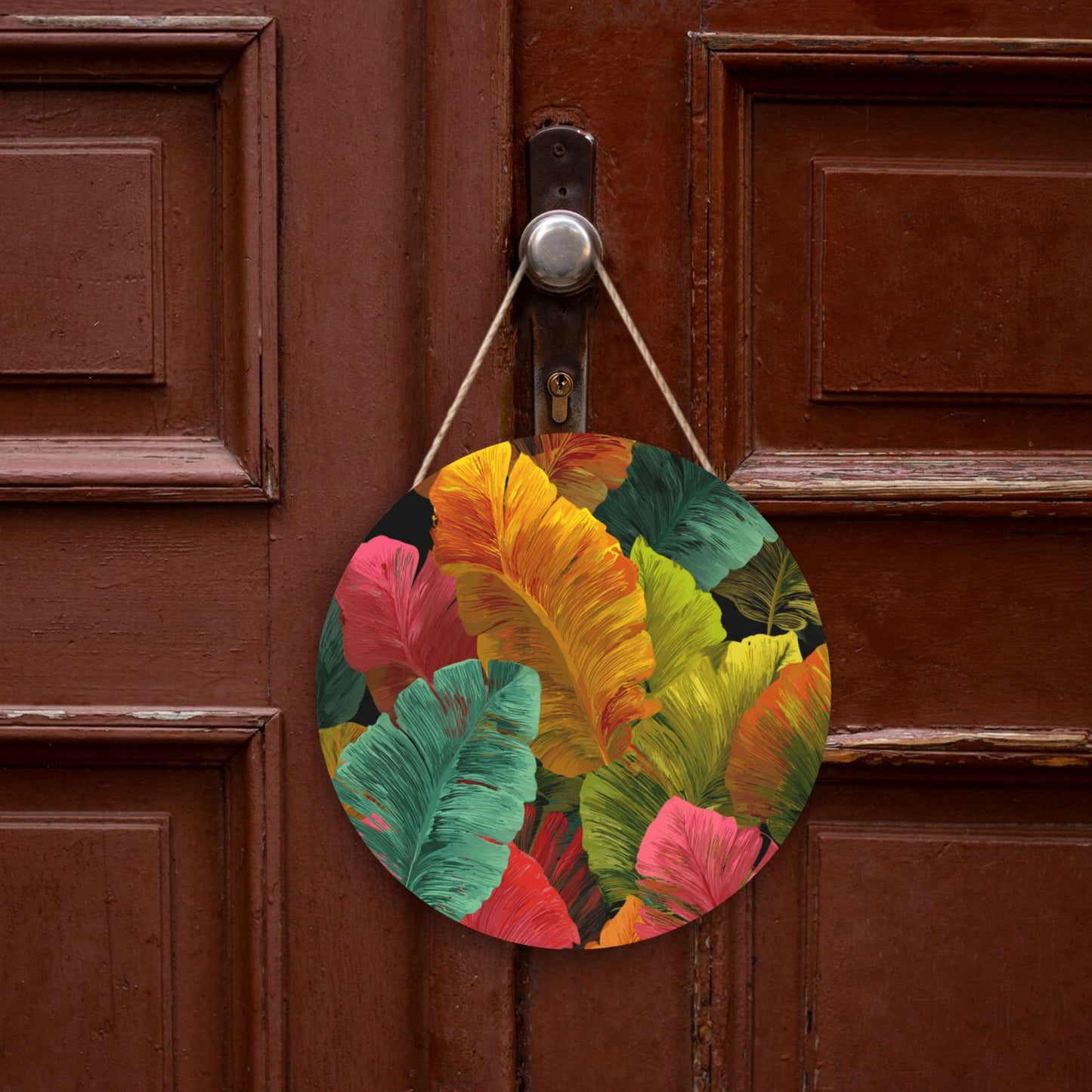 12 - inch (Approx 30cm) Round Wooden Wall Decor with Colorful Leaves - Set of 3 Wall Art (Including Hemp Rope Hook, Waterproof Thick Wood Material)