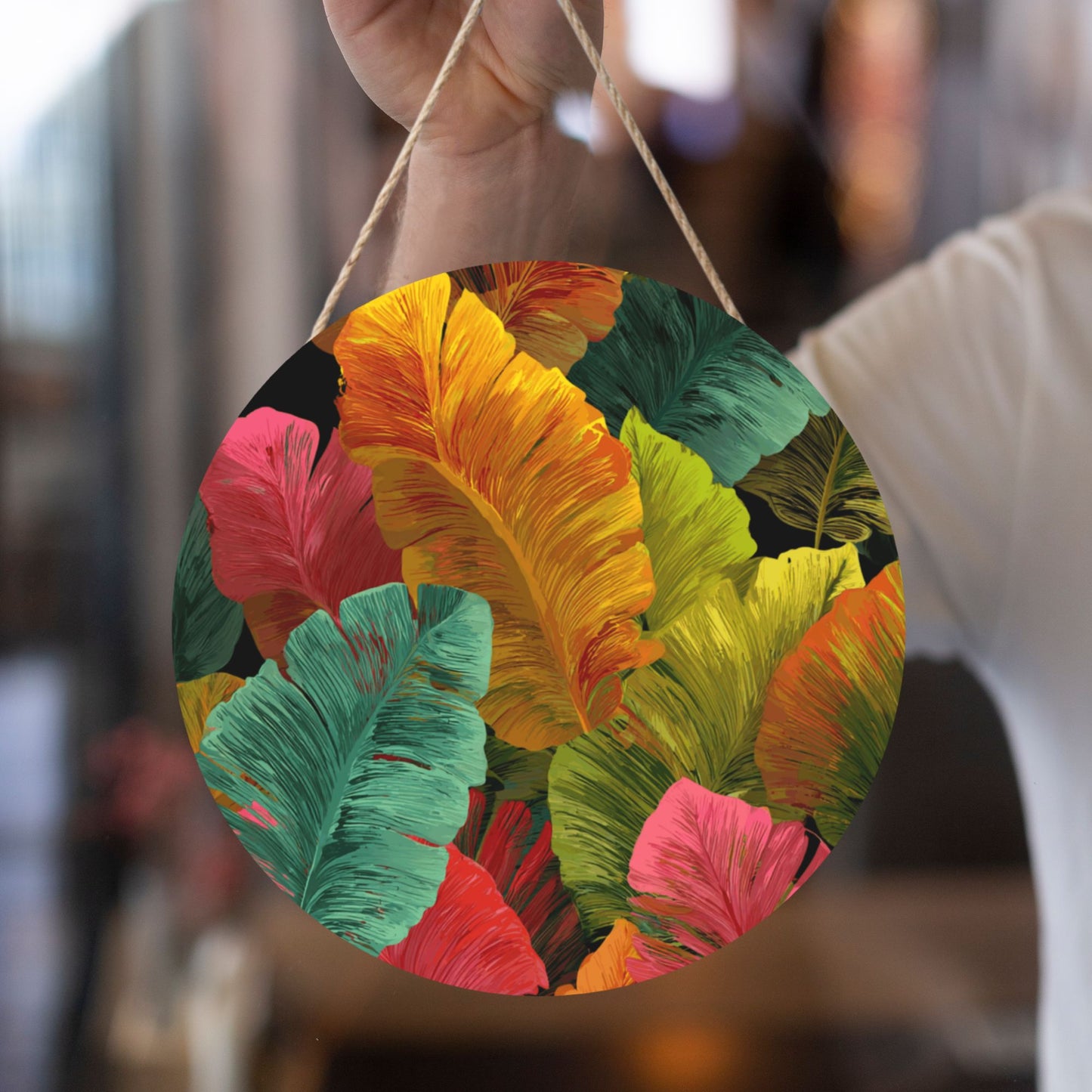 12 - inch (Approx 30cm) Round Wooden Wall Decor with Colorful Leaves - Set of 3 Wall Art (Including Hemp Rope Hook, Waterproof Thick Wood Material)