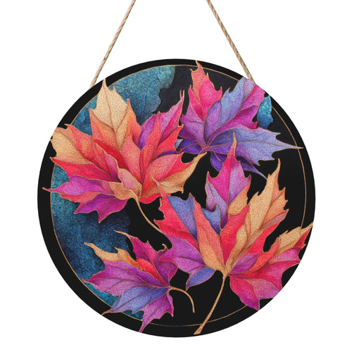 12 - inch (Approx 30cm) Colorful Maple Leaves Round Wooden Wall Decor - Set of 3 Wall Art (Thick Wood, Waterproof, with Hemp Rope Hooks)