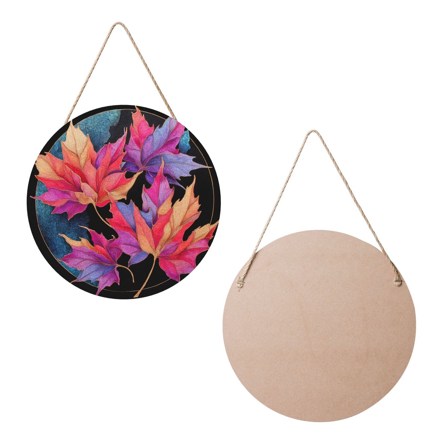 12 - inch (Approx 30cm) Colorful Maple Leaves Round Wooden Wall Decor - Set of 3 Wall Art (Thick Wood, Waterproof, with Hemp Rope Hooks)