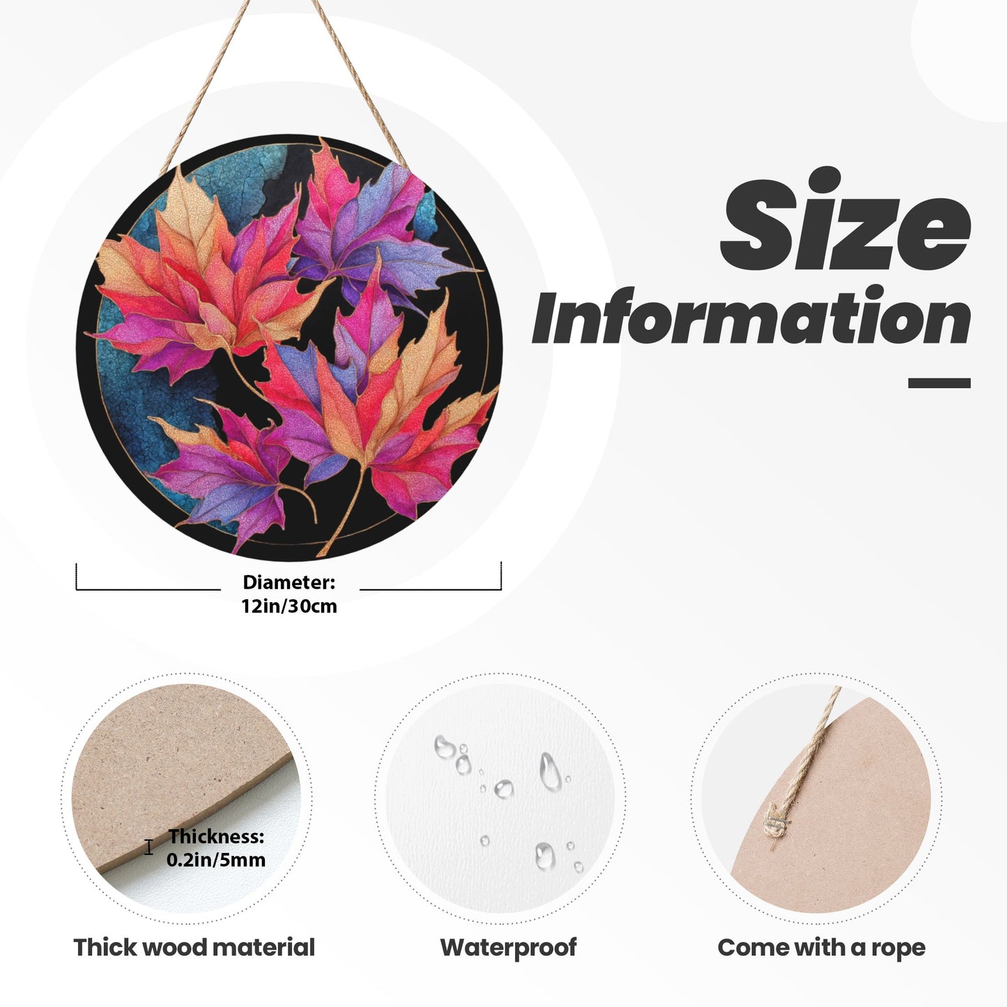 12 - inch (Approx 30cm) Colorful Maple Leaves Round Wooden Wall Decor - Set of 3 Wall Art (Thick Wood, Waterproof, with Hemp Rope Hooks)