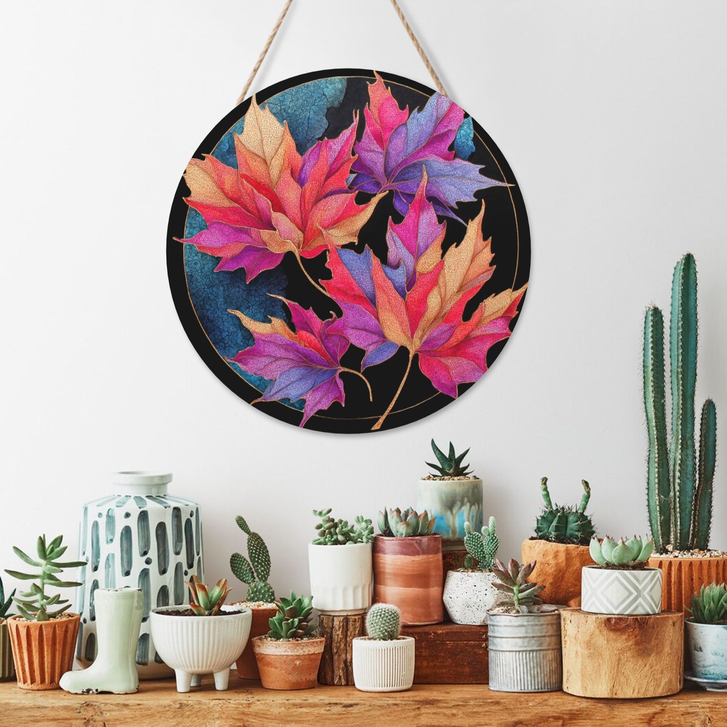 12 - inch (Approx 30cm) Colorful Maple Leaves Round Wooden Wall Decor - Set of 3 Wall Art (Thick Wood, Waterproof, with Hemp Rope Hooks)