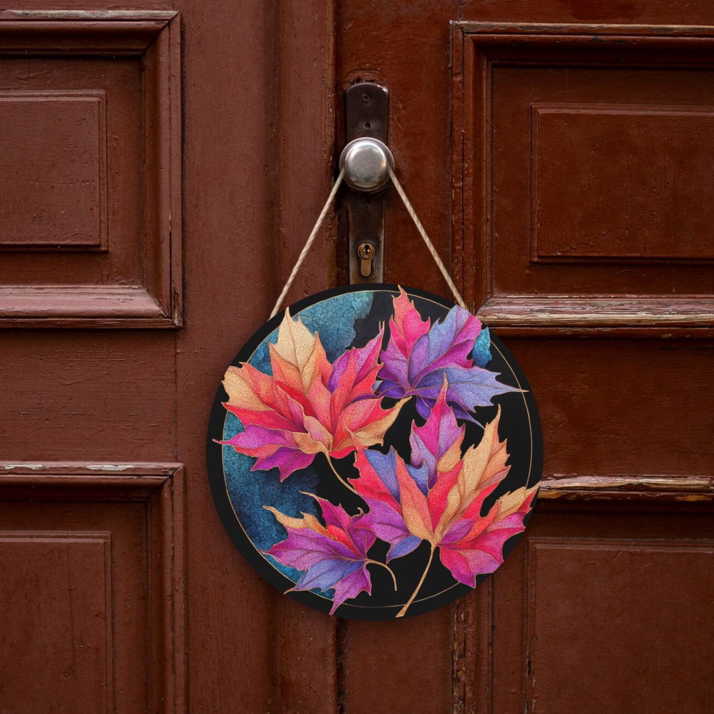 12 - inch (Approx 30cm) Colorful Maple Leaves Round Wooden Wall Decor - Set of 3 Wall Art (Thick Wood, Waterproof, with Hemp Rope Hooks)