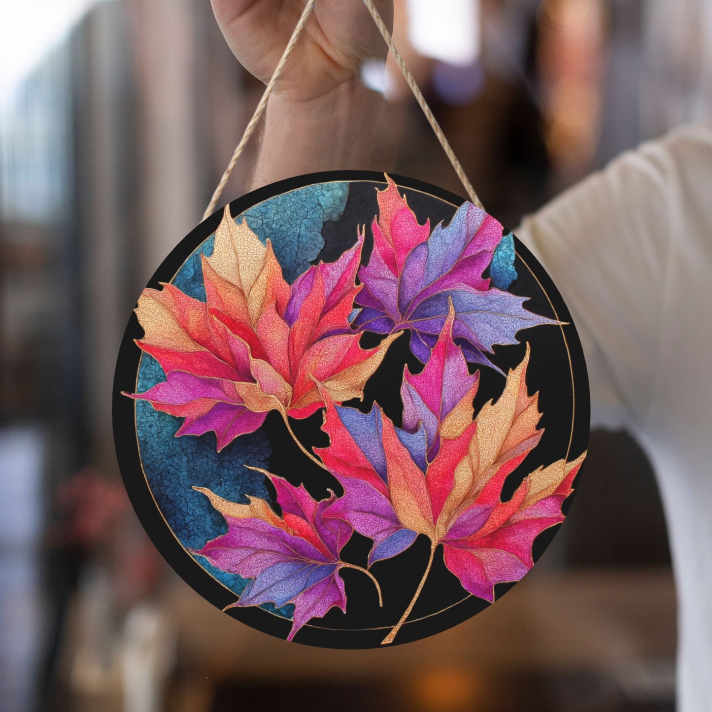 12 - inch (Approx 30cm) Colorful Maple Leaves Round Wooden Wall Decor - Set of 3 Wall Art (Thick Wood, Waterproof, with Hemp Rope Hooks)