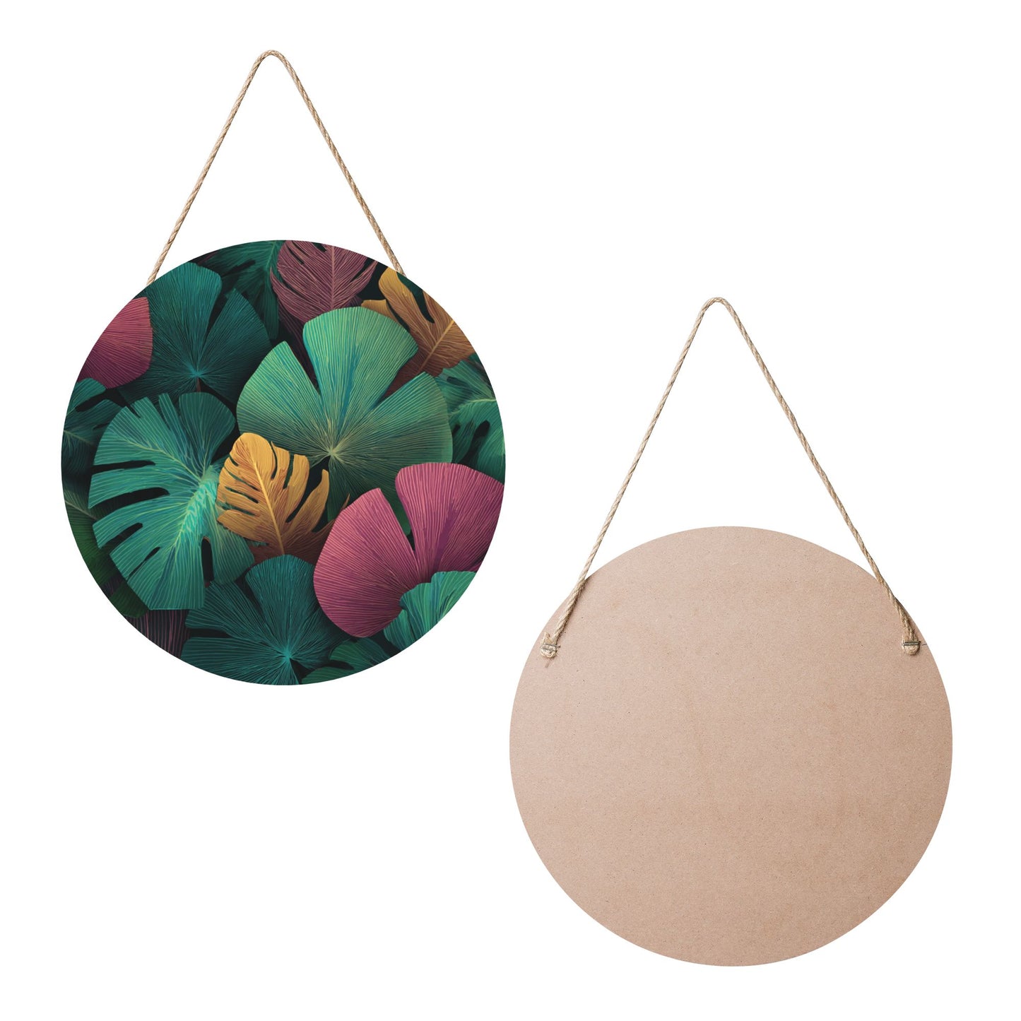 12 - inch (Approx 30cm) Colorful Tropical Leaves Round Wooden Wall Decor - Set of 3 Wall Art (Thick Wood, Waterproof, with Hemp Rope Hooks)