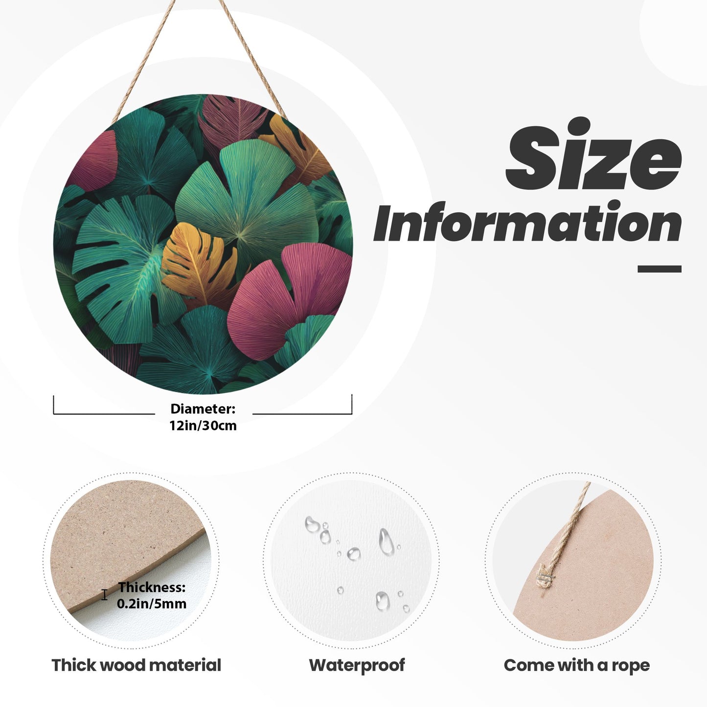 12 - inch (Approx 30cm) Colorful Tropical Leaves Round Wooden Wall Decor - Set of 3 Wall Art (Thick Wood, Waterproof, with Hemp Rope Hooks)