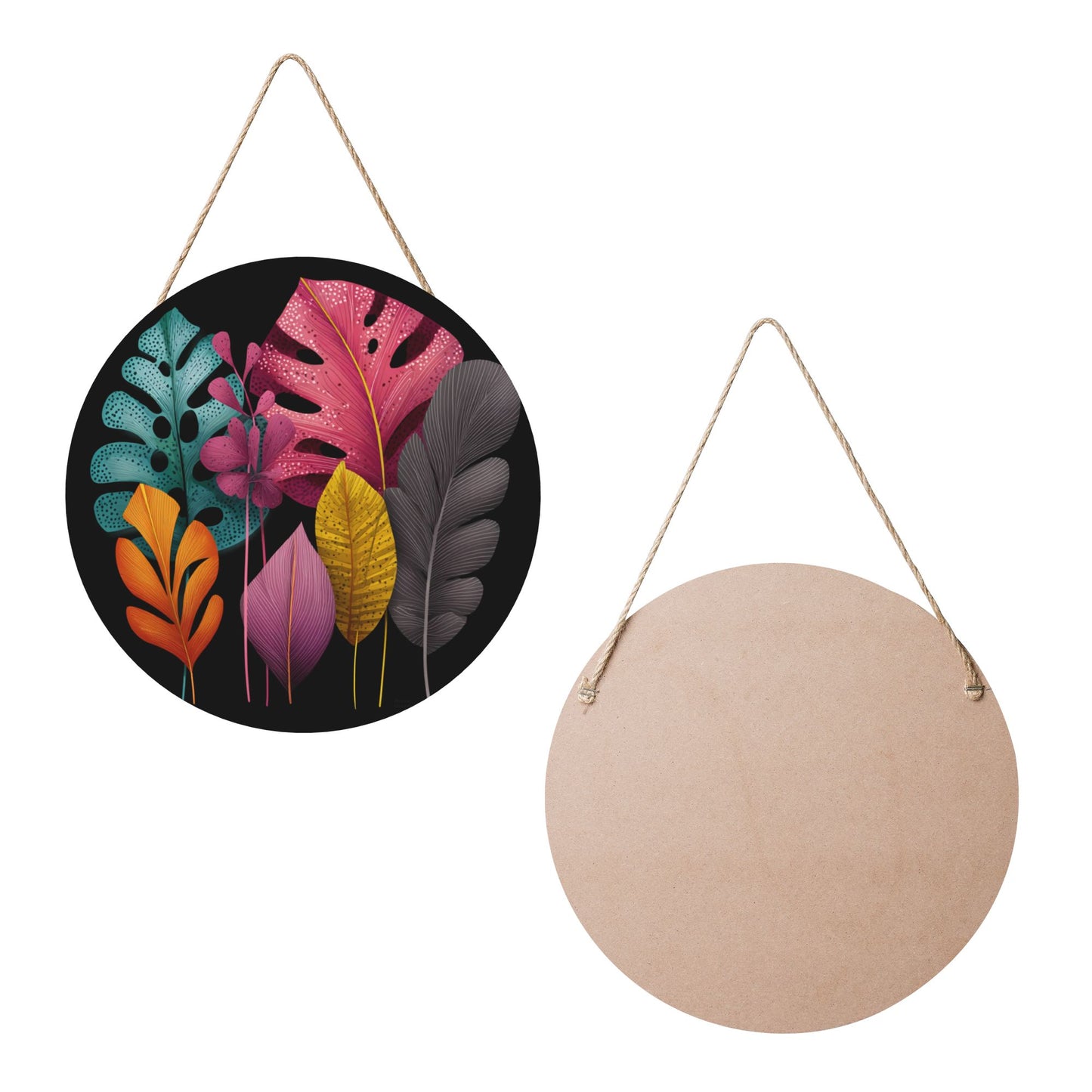 12 - inch (Approx 30cm) Colorful Leaves Round Wooden Wall Decor - Set of 3 Wall Art (Thick Wood, Waterproof, with Hemp Rope Hooks)