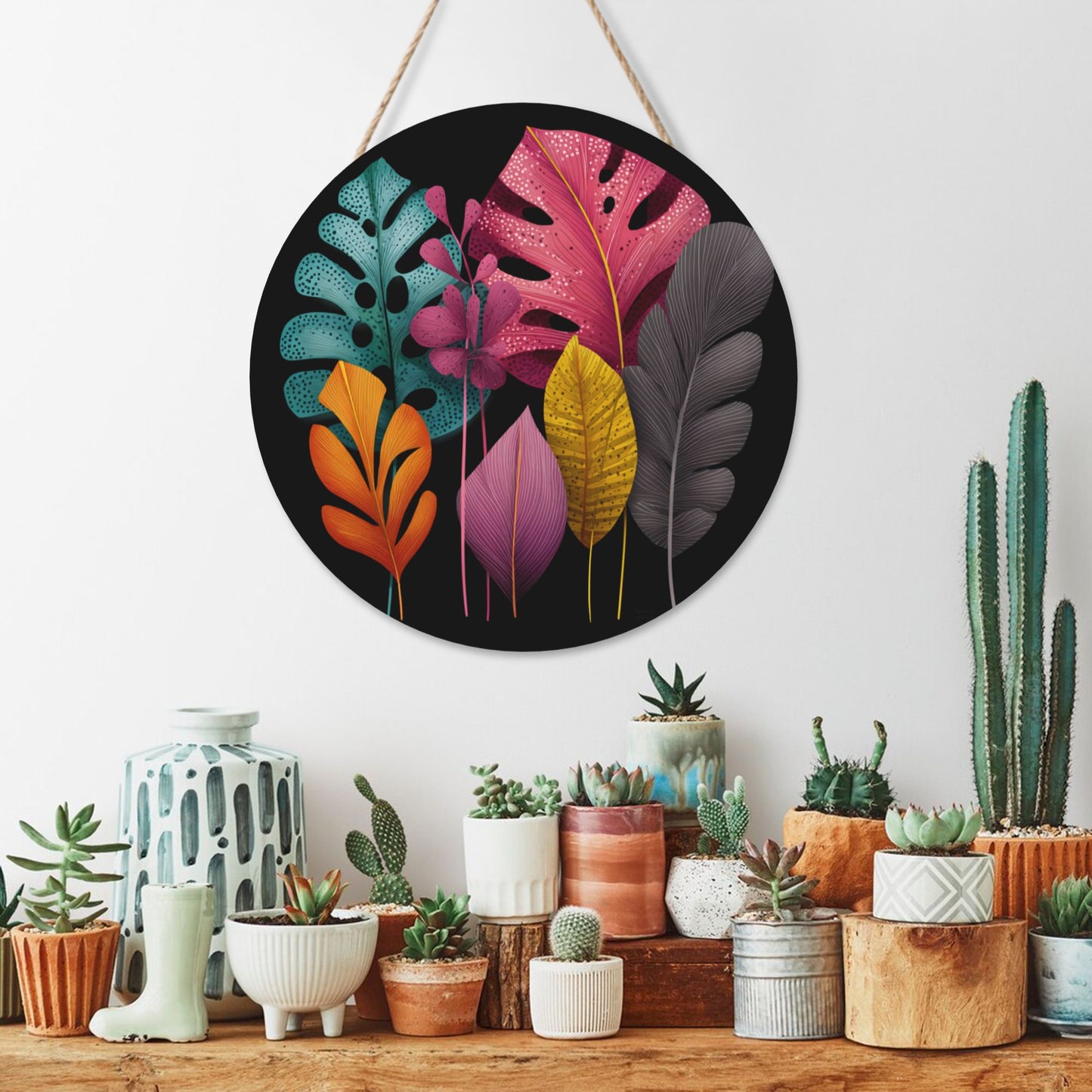 12 - inch (Approx 30cm) Colorful Leaves Round Wooden Wall Decor - Set of 3 Wall Art (Thick Wood, Waterproof, with Hemp Rope Hooks)