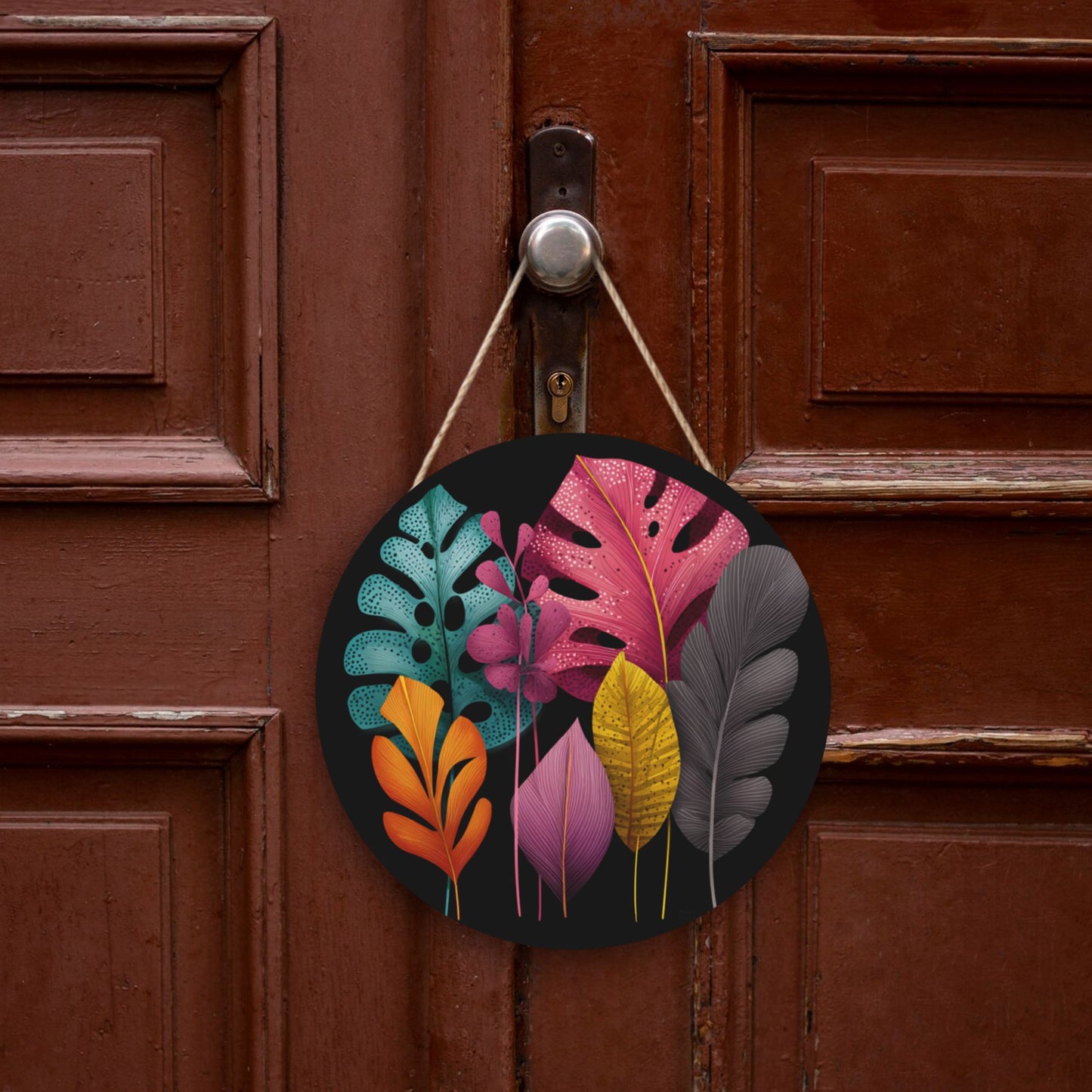12 - inch (Approx 30cm) Colorful Leaves Round Wooden Wall Decor - Set of 3 Wall Art (Thick Wood, Waterproof, with Hemp Rope Hooks)