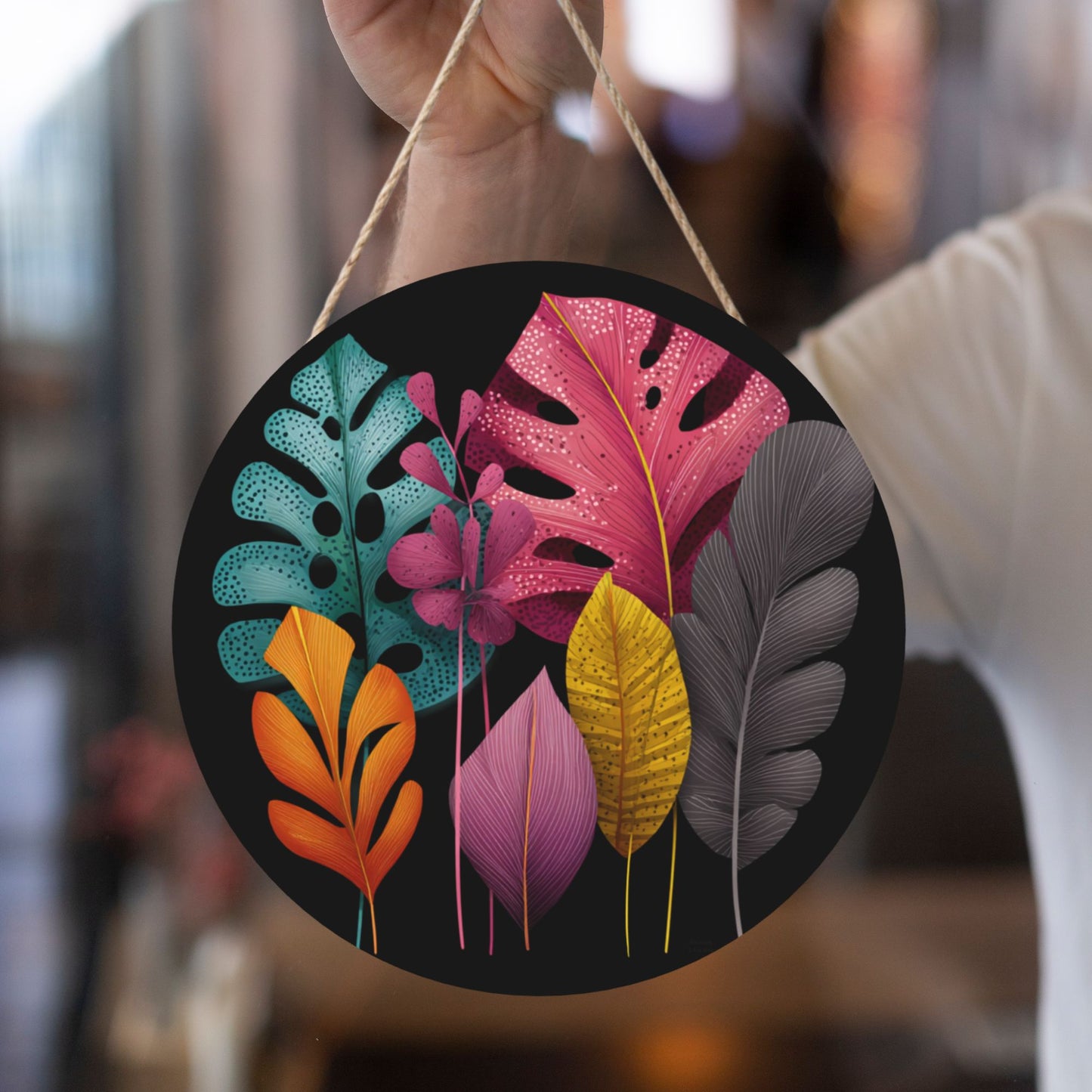 12 - inch (Approx 30cm) Colorful Leaves Round Wooden Wall Decor - Set of 3 Wall Art (Thick Wood, Waterproof, with Hemp Rope Hooks)