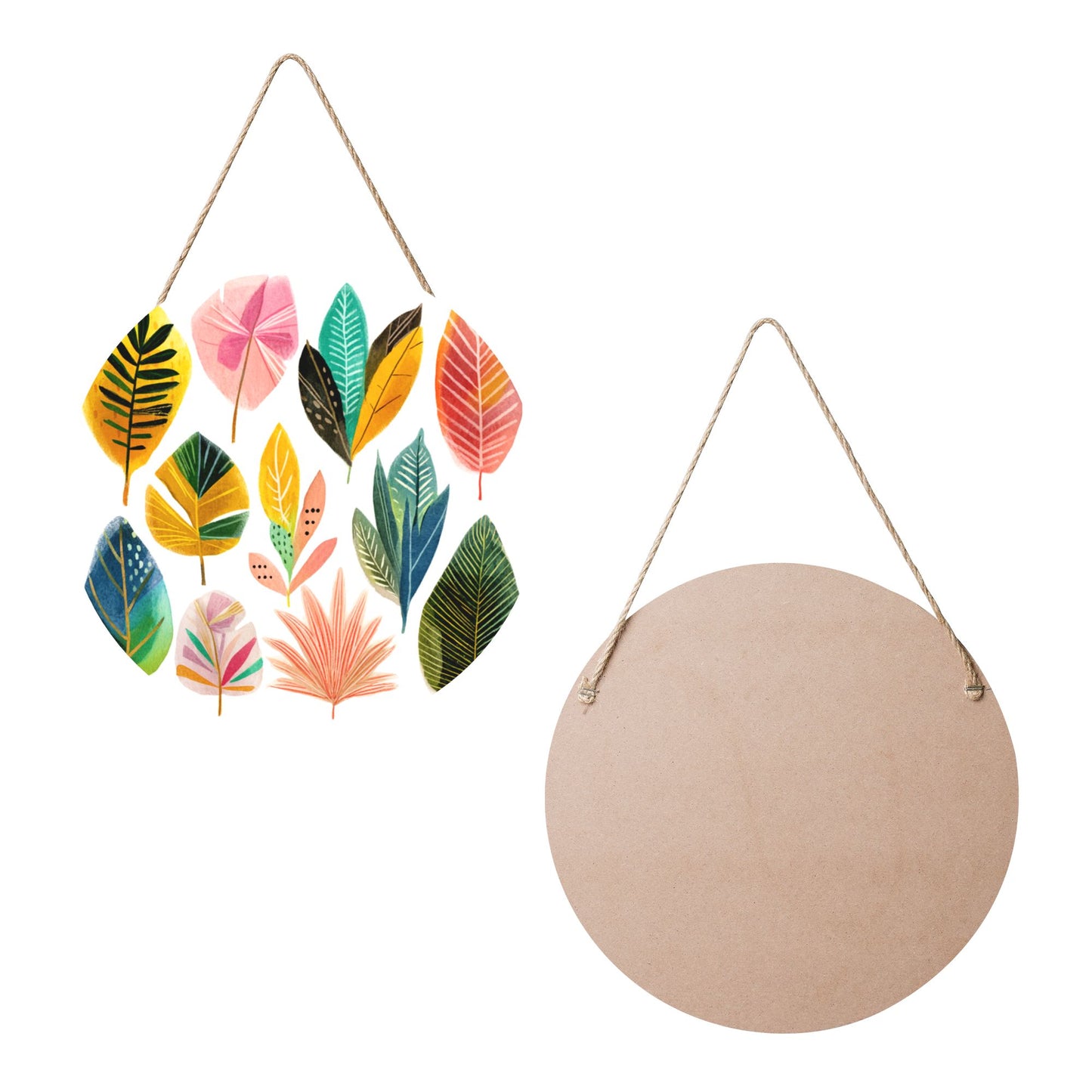 12 - inch (Approx 30cm) Colorful Leaves Round Wooden Wall Decor - Set of 3 Wall Art (Thick Wood, Waterproof, with Hemp Rope Hooks)