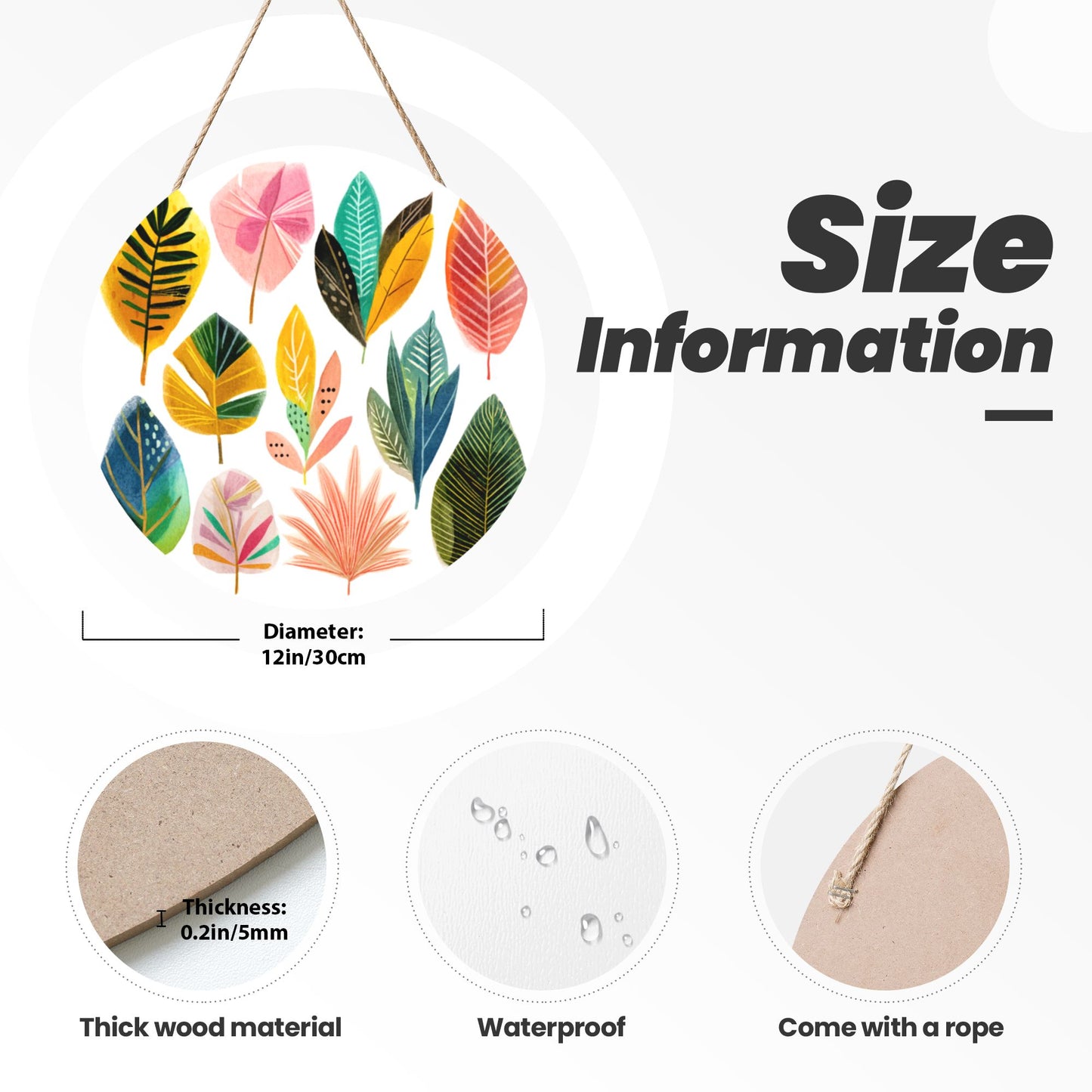 12 - inch (Approx 30cm) Colorful Leaves Round Wooden Wall Decor - Set of 3 Wall Art (Thick Wood, Waterproof, with Hemp Rope Hooks)