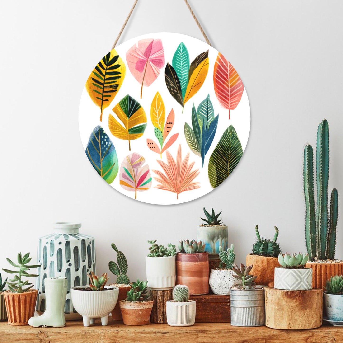 12 - inch (Approx 30cm) Colorful Leaves Round Wooden Wall Decor - Set of 3 Wall Art (Thick Wood, Waterproof, with Hemp Rope Hooks)