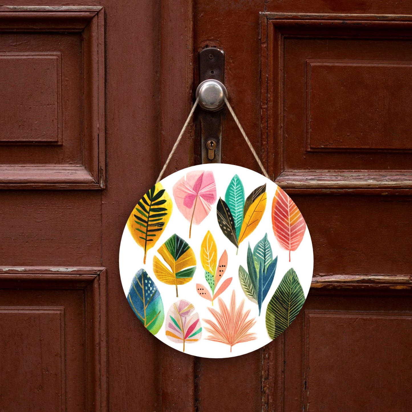 12 - inch (Approx 30cm) Colorful Leaves Round Wooden Wall Decor - Set of 3 Wall Art (Thick Wood, Waterproof, with Hemp Rope Hooks)