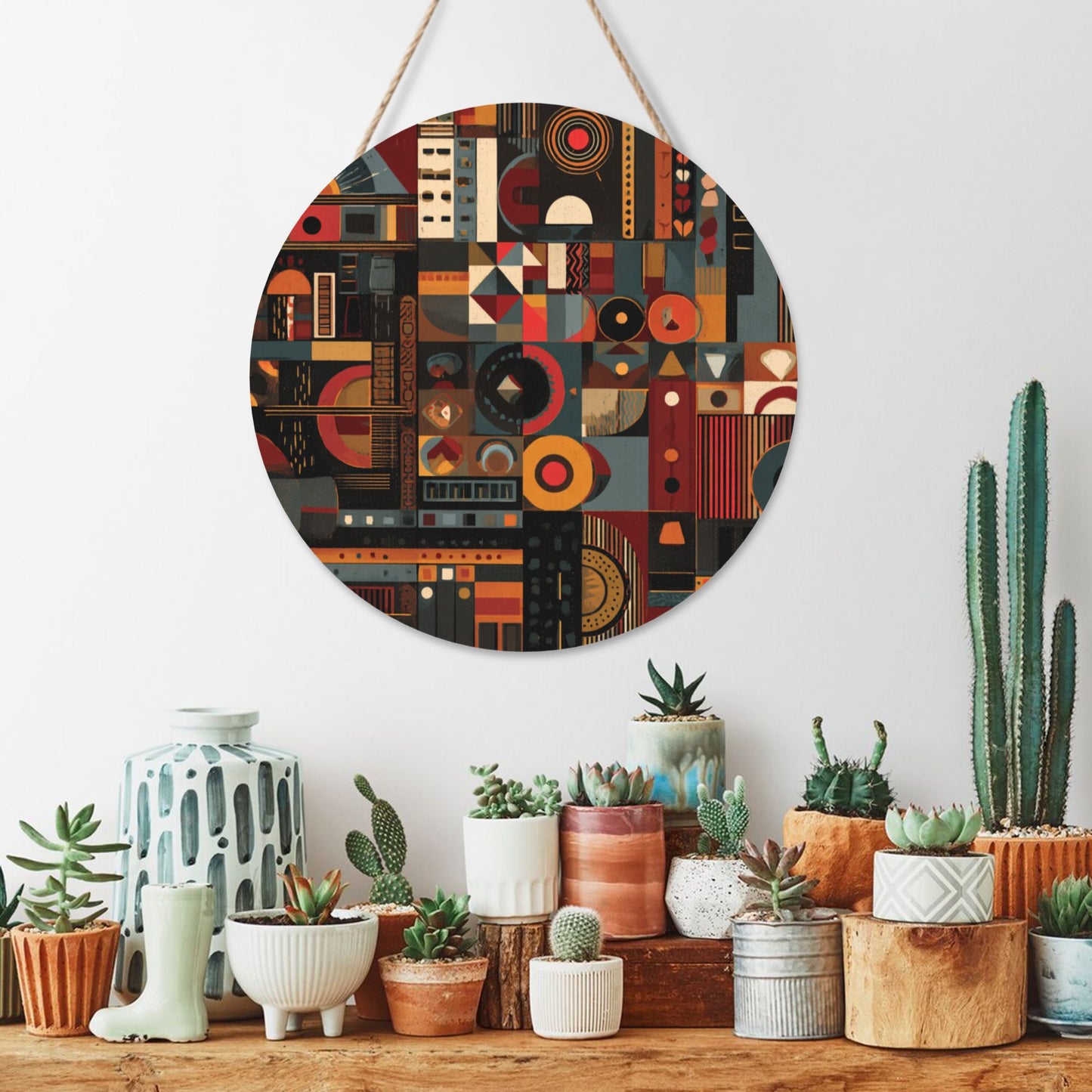 12 - inch (30cm) Geometric Art Round Wooden Wall Decor - Set of 3 Creative Wall Hangings (Thick Wood, Waterproof, with Hemp Rope Hooks)