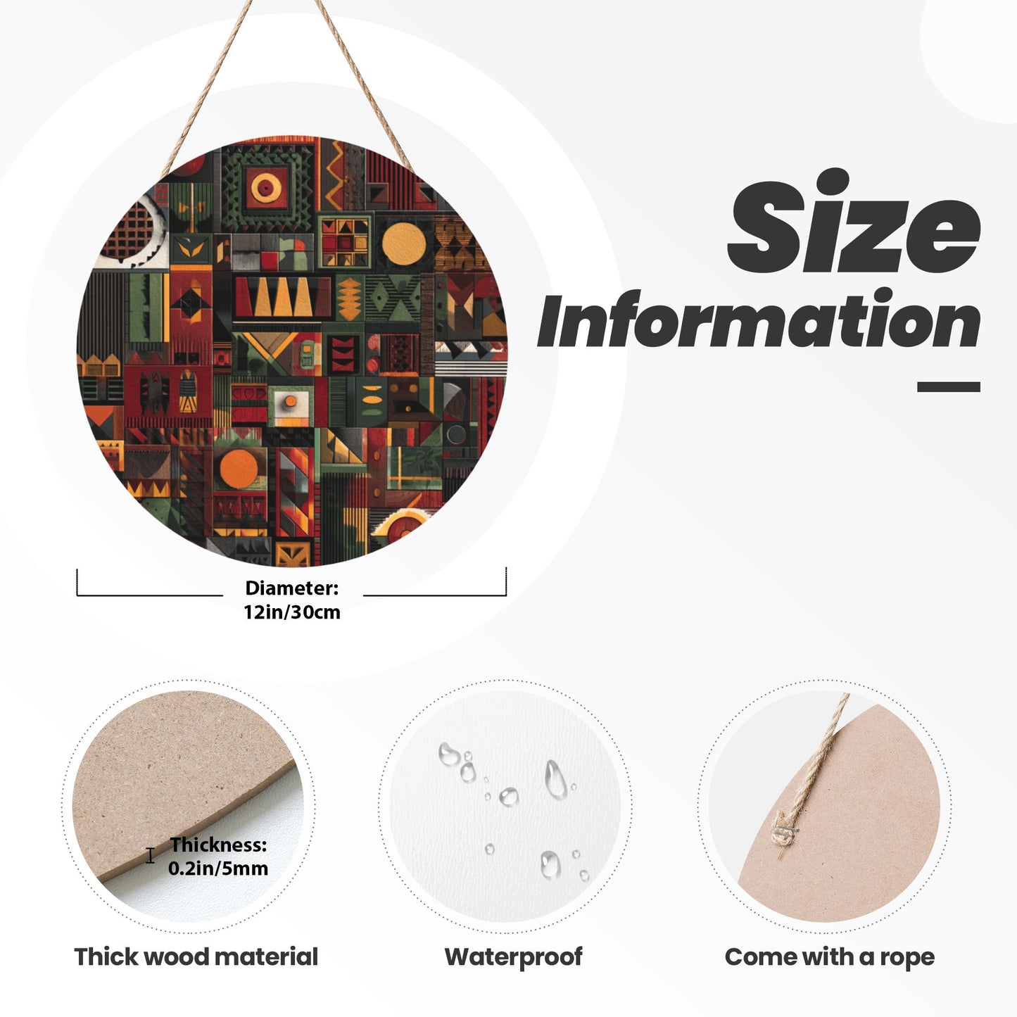 12 - inch (30cm) Geometric Art Round Wooden Wall Decor - Set of 3 Creative Wall Hangings (Thick Wood, Waterproof, with Hemp Rope Hooks)