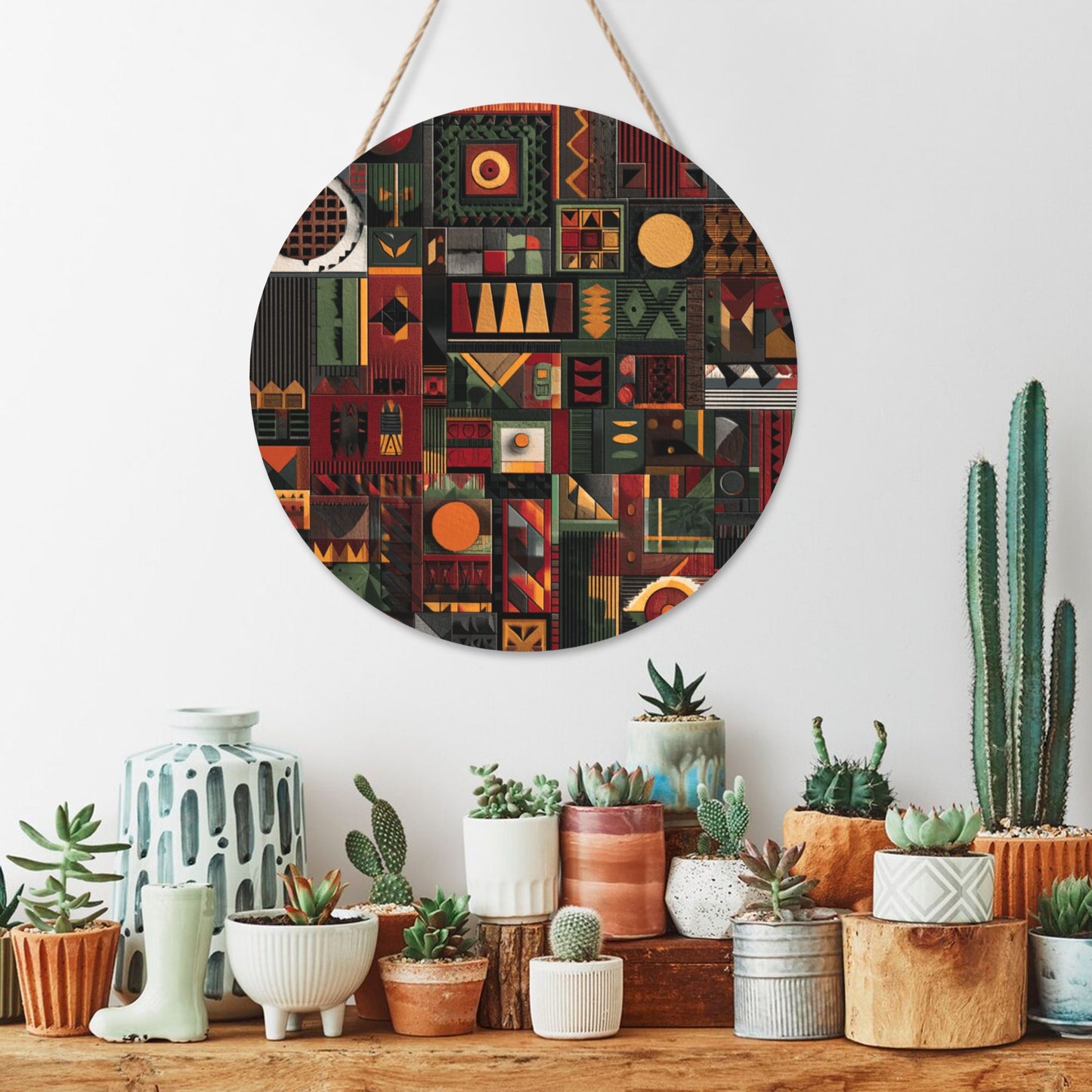 12 - inch (30cm) Geometric Art Round Wooden Wall Decor - Set of 3 Creative Wall Hangings (Thick Wood, Waterproof, with Hemp Rope Hooks)