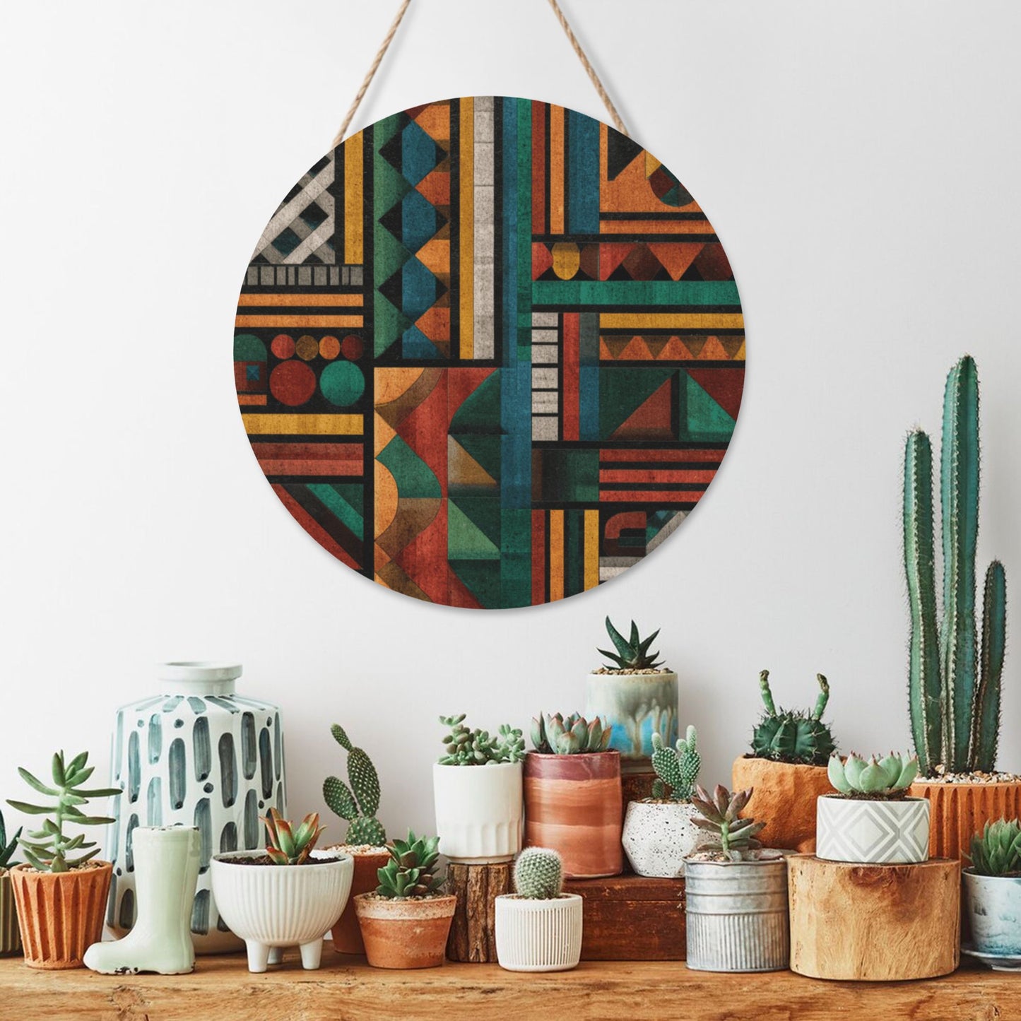 12 - inch (30cm) Geometric Art Round Wooden Wall Decor - Set of 3 Creative Wall Hangings (Thick Wood, Waterproof, with Hemp Rope Hooks)
