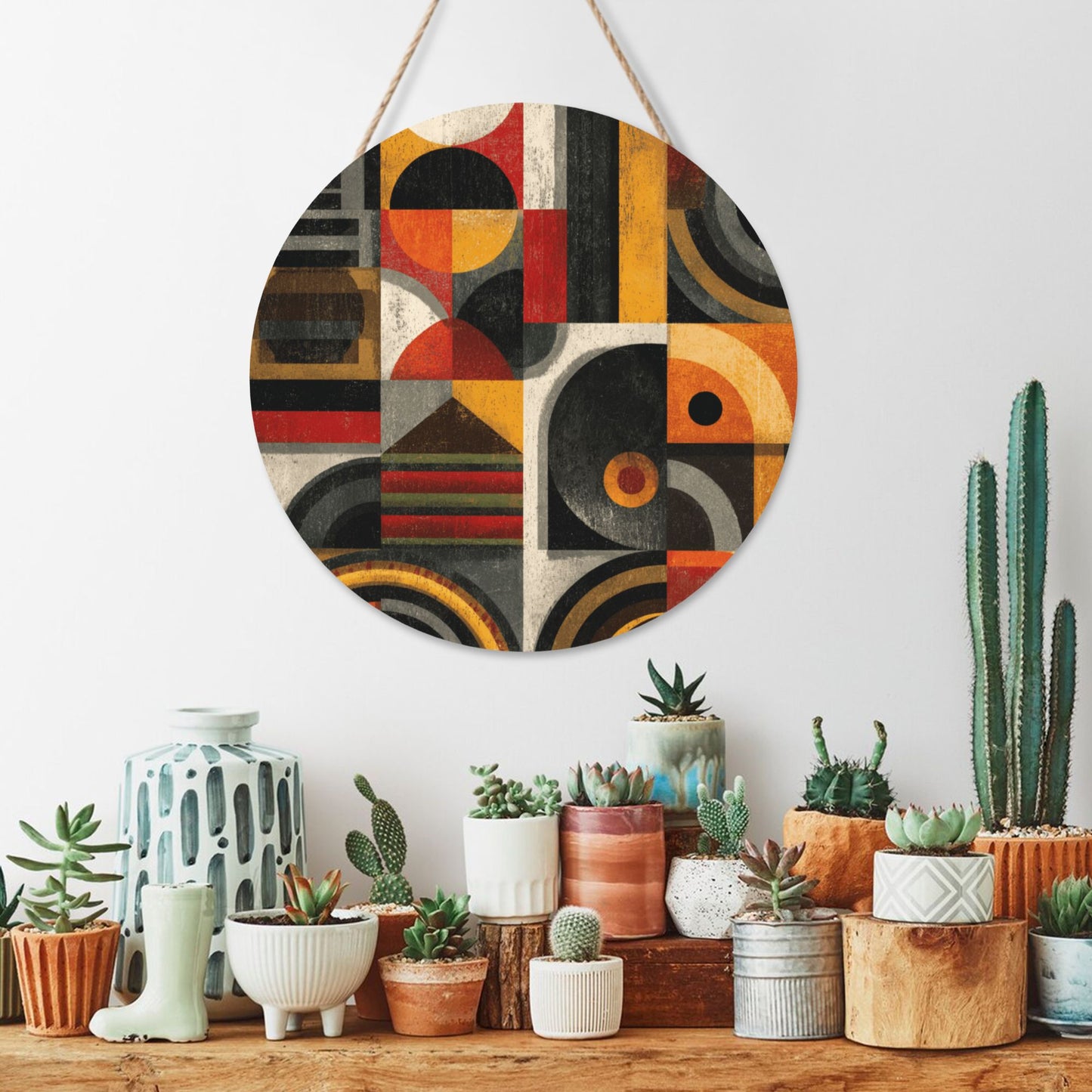 12 - inch (30cm) Geometric Art Round Wooden Wall Decor - Set of 3 Creative Wall Hangings (Thick Wood, Waterproof, with Hemp Rope Hooks)