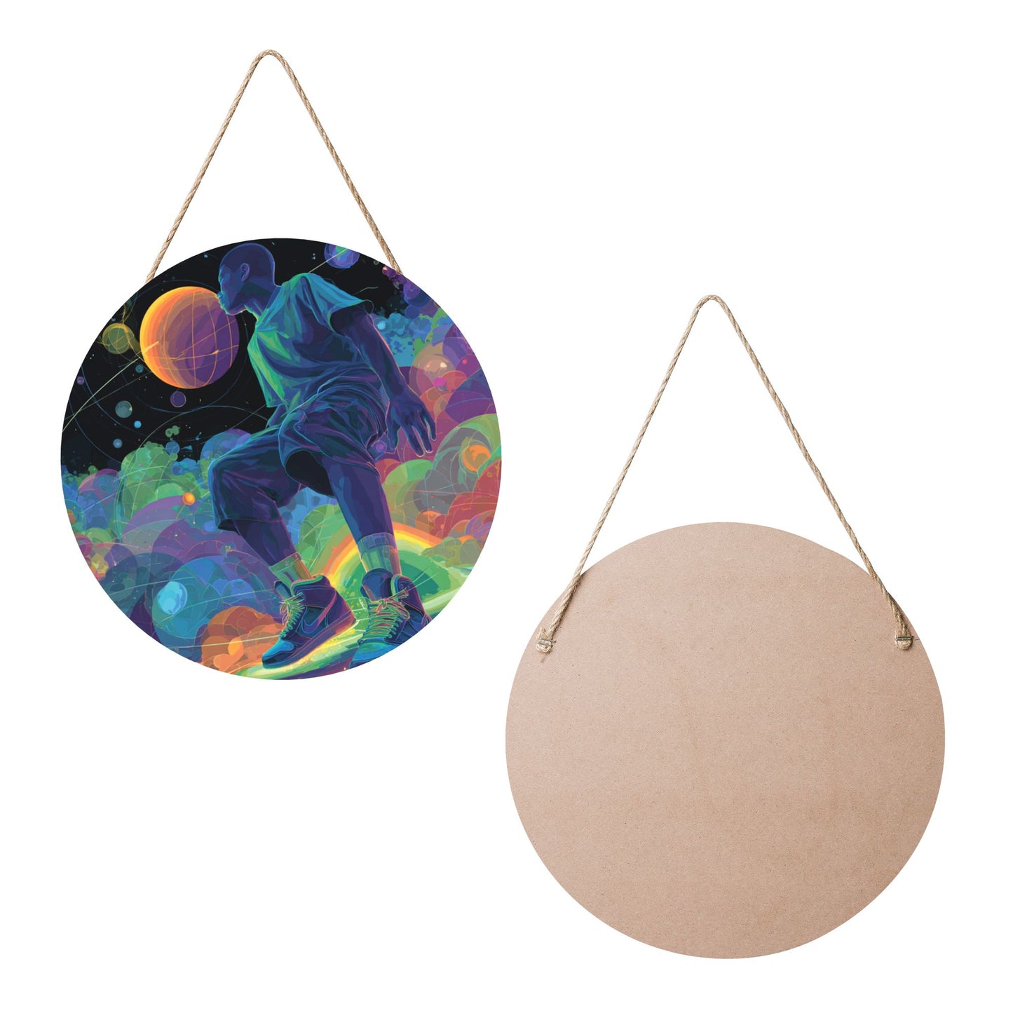 12 - inch (30cm) Trendy Colorful Figure Round Wooden Wall Decor - Set of 3 Artistic Wall Hangings (Thick Wood, Waterproof, with Hemp Rope Hooks)