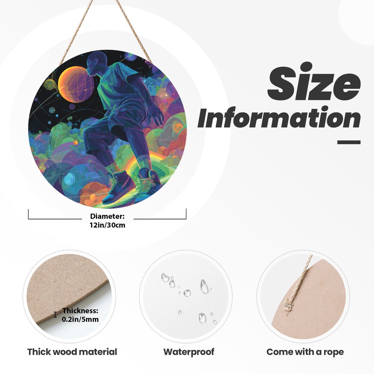 12 - inch (30cm) Trendy Colorful Figure Round Wooden Wall Decor - Set of 3 Artistic Wall Hangings (Thick Wood, Waterproof, with Hemp Rope Hooks)