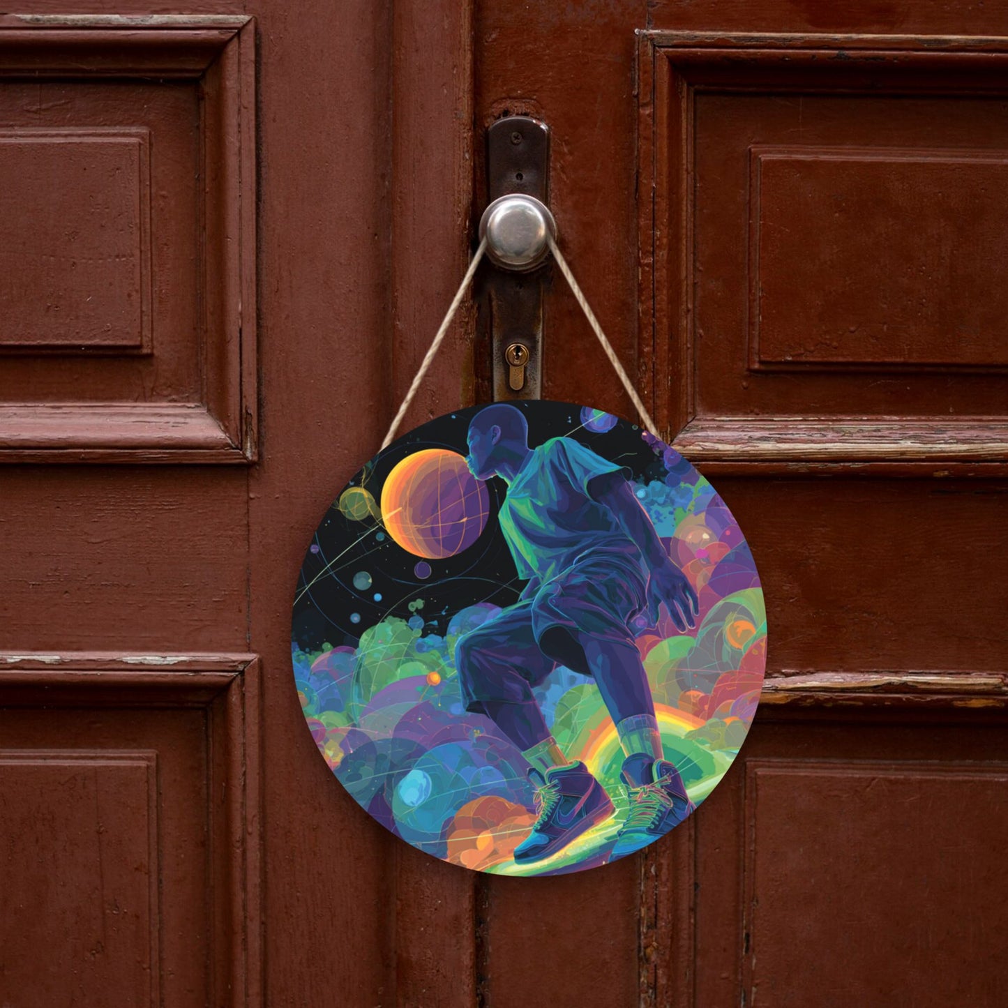 12 - inch (30cm) Trendy Colorful Figure Round Wooden Wall Decor - Set of 3 Artistic Wall Hangings (Thick Wood, Waterproof, with Hemp Rope Hooks)