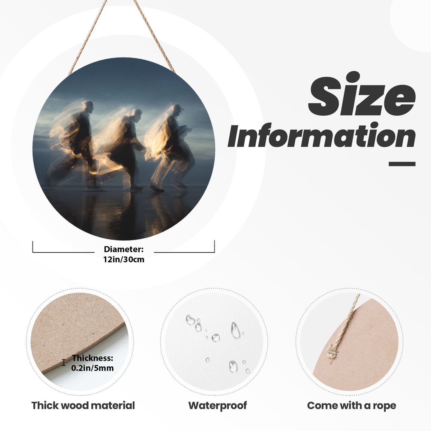 12 - inch (30cm) Artistic Light - and - Shadow Figure Round Wooden Wall Decor - Set of 3 Creative Wall Hangings (Thick Wood, Waterproof, with Hemp Rope Hooks)