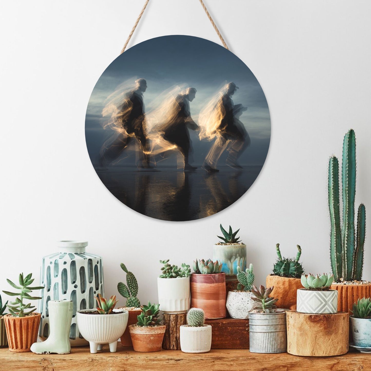 12 - inch (30cm) Artistic Light - and - Shadow Figure Round Wooden Wall Decor - Set of 3 Creative Wall Hangings (Thick Wood, Waterproof, with Hemp Rope Hooks)