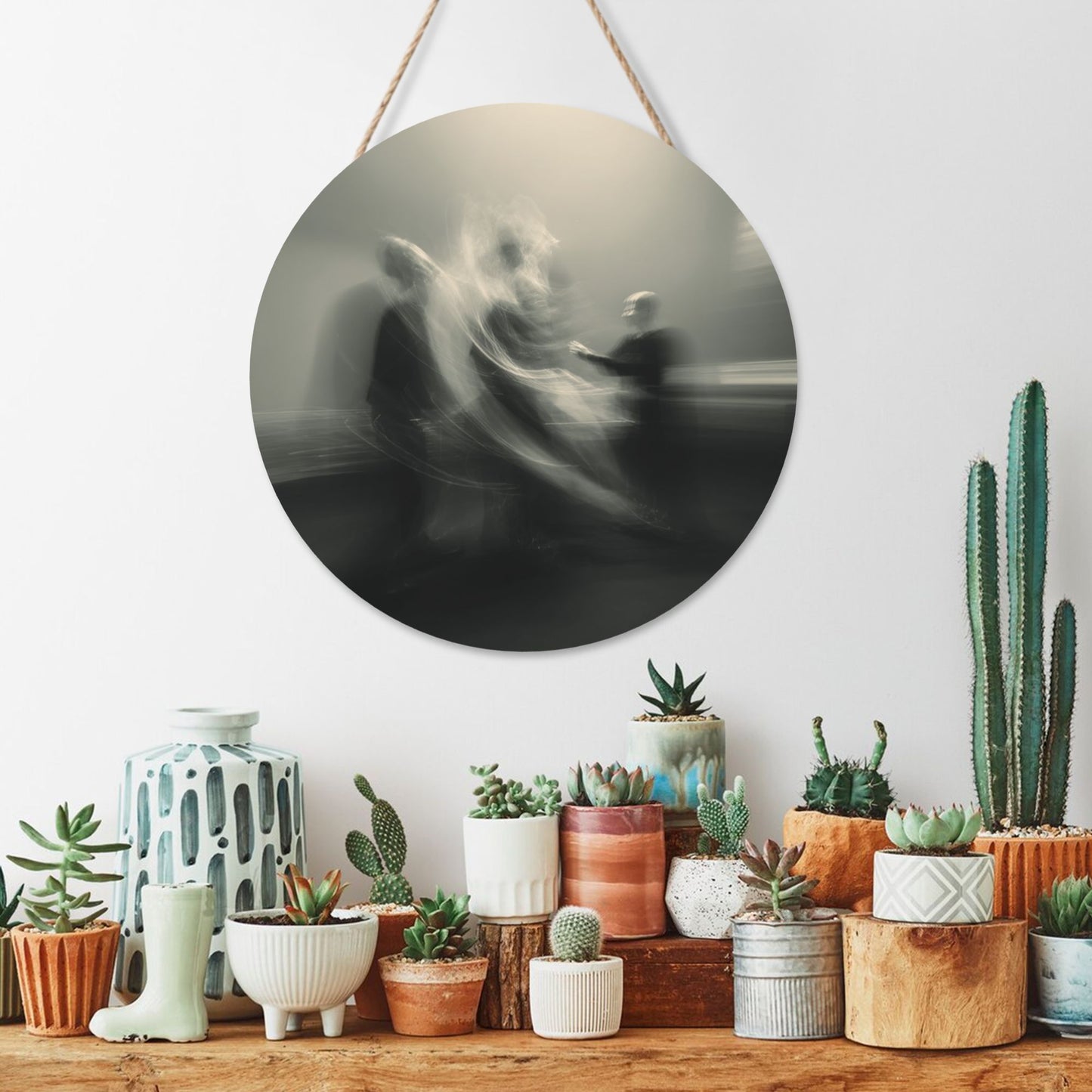 12 - inch (30cm) Artistic Abstract Figure Round Wooden Wall Decor - Set of 3 Creative Wall Hangings (Thick Wood, Waterproof, with Hemp Rope Hooks)