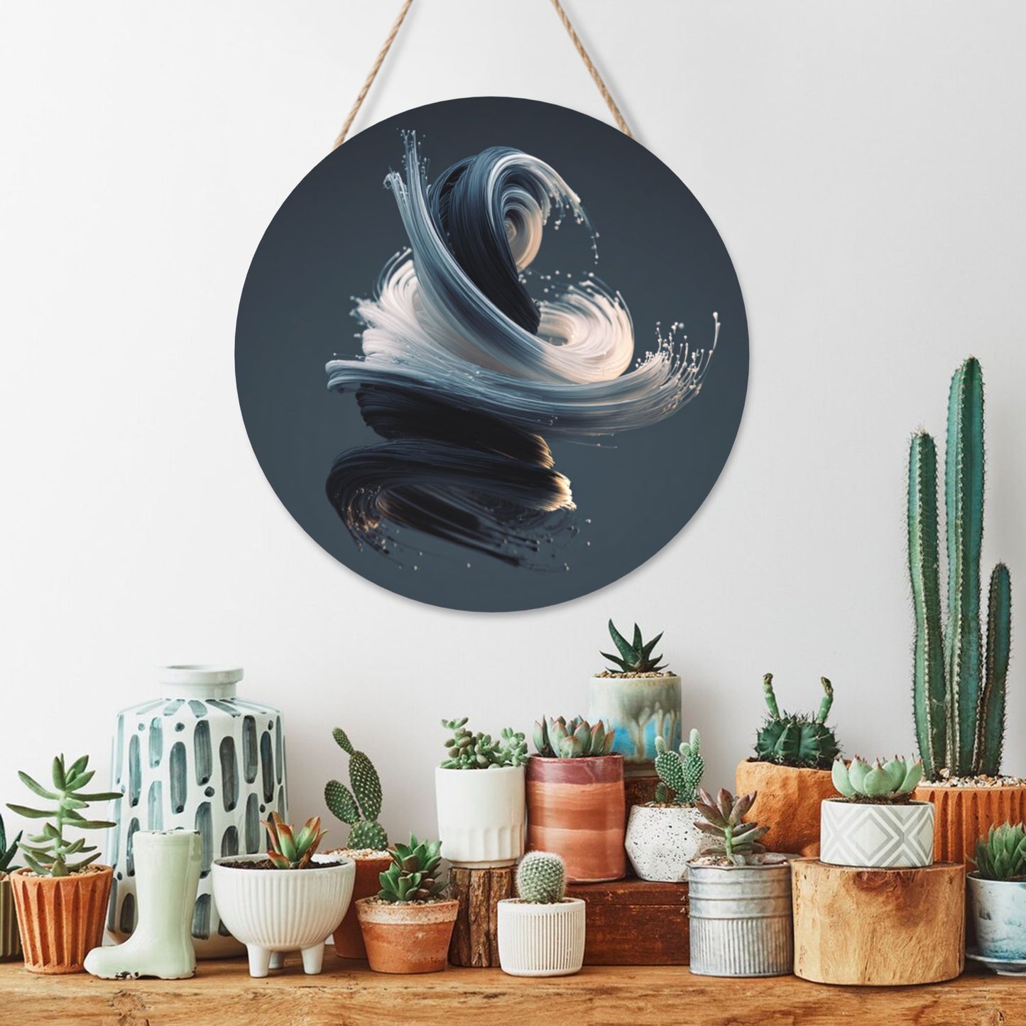 12 - inch (30cm) Artistic Abstract Fluid Round Wooden Wall Decor - Set of 3 Creative Wall Hangings (Thick Wood, Waterproof, with Hemp Rope Hooks)