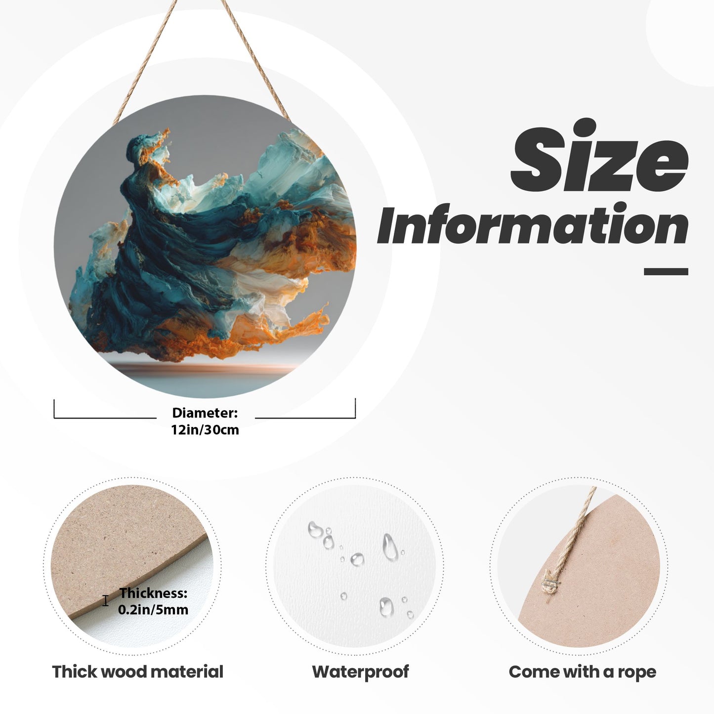 12 - inch (30cm) Abstract Art Fluid Round Wooden Wall Decor - Set of 3 Creative Wall Hangings (Thick Wood, Waterproof, with Hemp Rope Hooks)