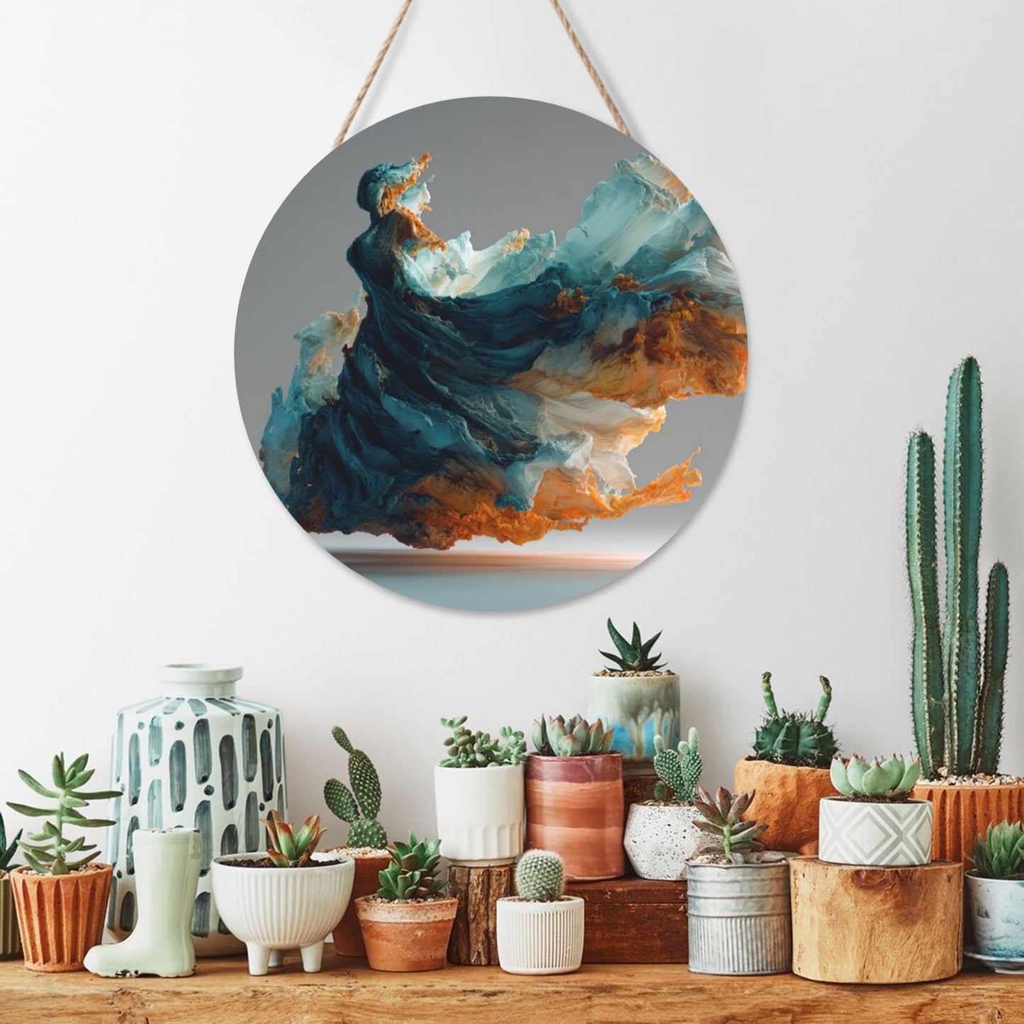 12 - inch (30cm) Abstract Art Fluid Round Wooden Wall Decor - Set of 3 Creative Wall Hangings (Thick Wood, Waterproof, with Hemp Rope Hooks)