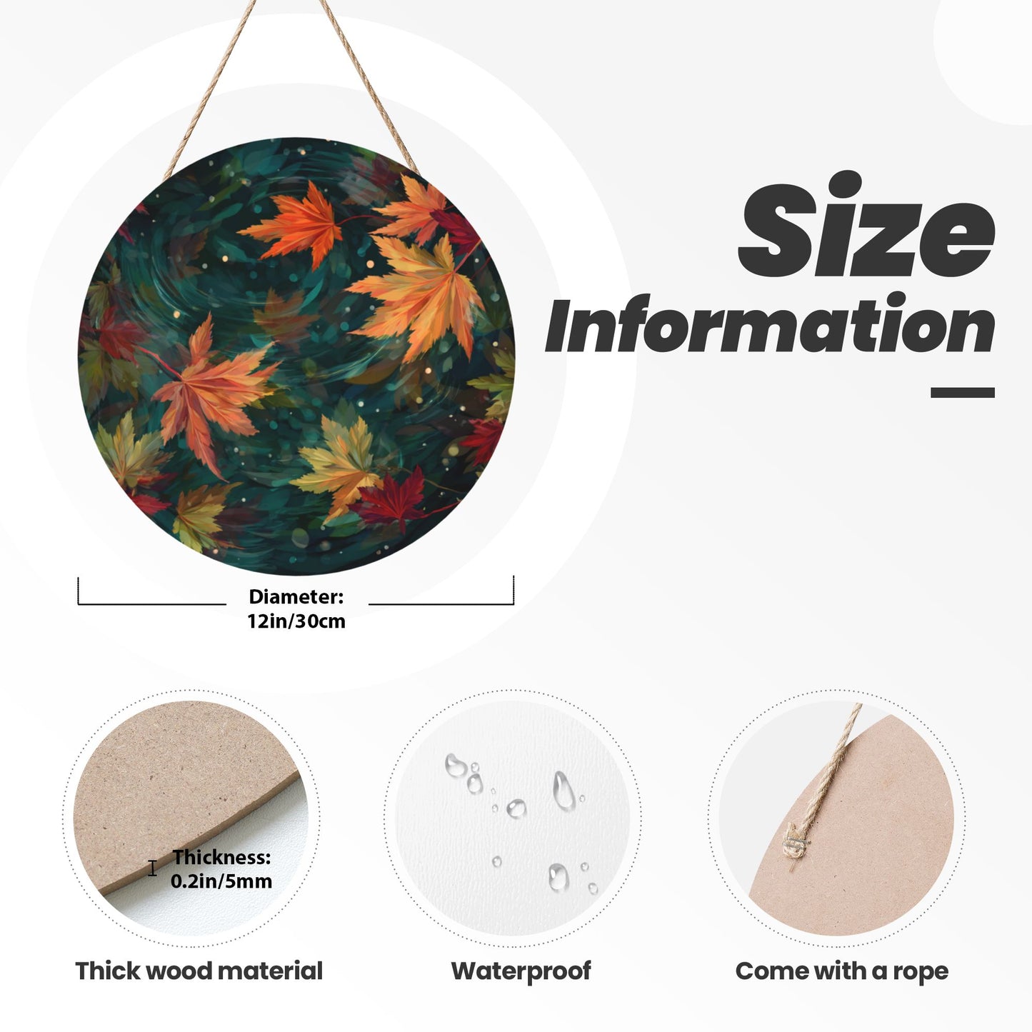 12 - inch (Approx 30cm) Round Wooden Wall Art - Autumn Maple Leaves Decorative Hanging Signs (Set of 3)