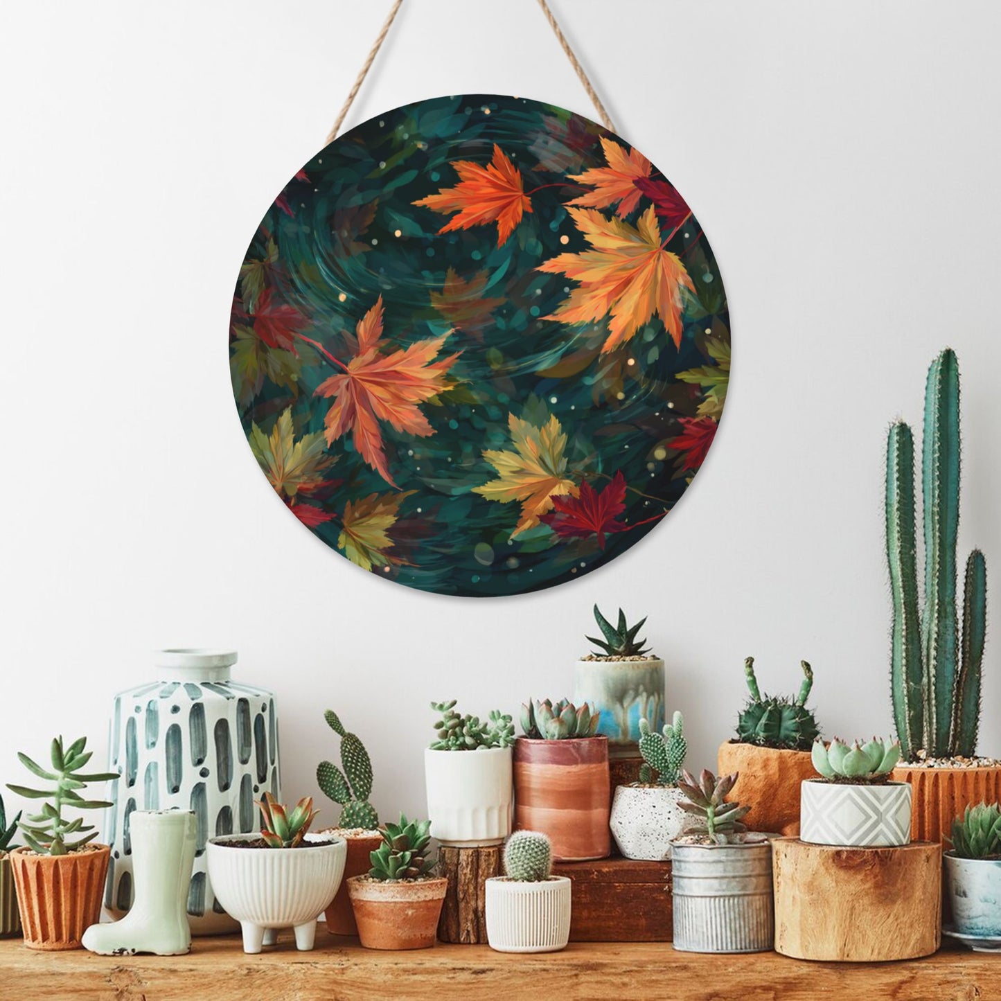 12 - inch (Approx 30cm) Round Wooden Wall Art - Autumn Maple Leaves Decorative Hanging Signs (Set of 3)