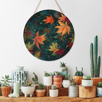 12 - inch (Approx 30cm) Round Wooden Wall Art - Autumn Maple Leaves Decorative Hanging Signs (Set of 3)