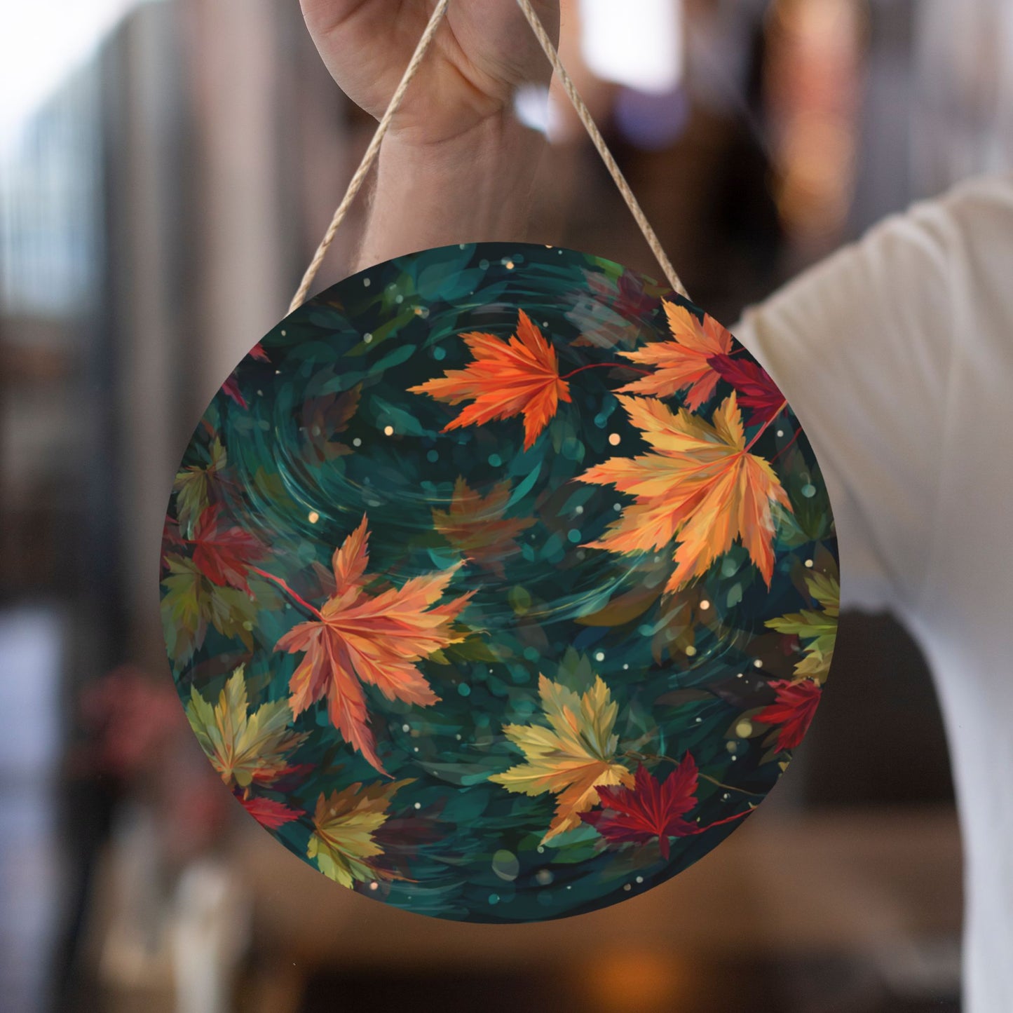 12 - inch (Approx 30cm) Round Wooden Wall Art - Autumn Maple Leaves Decorative Hanging Signs (Set of 3)