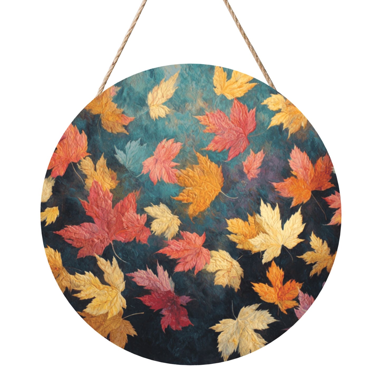 12 - inch (Approx 30cm) Round Wooden Wall Art - Colorful Autumn Leaves Decorative Hanging Signs (Set of 3)