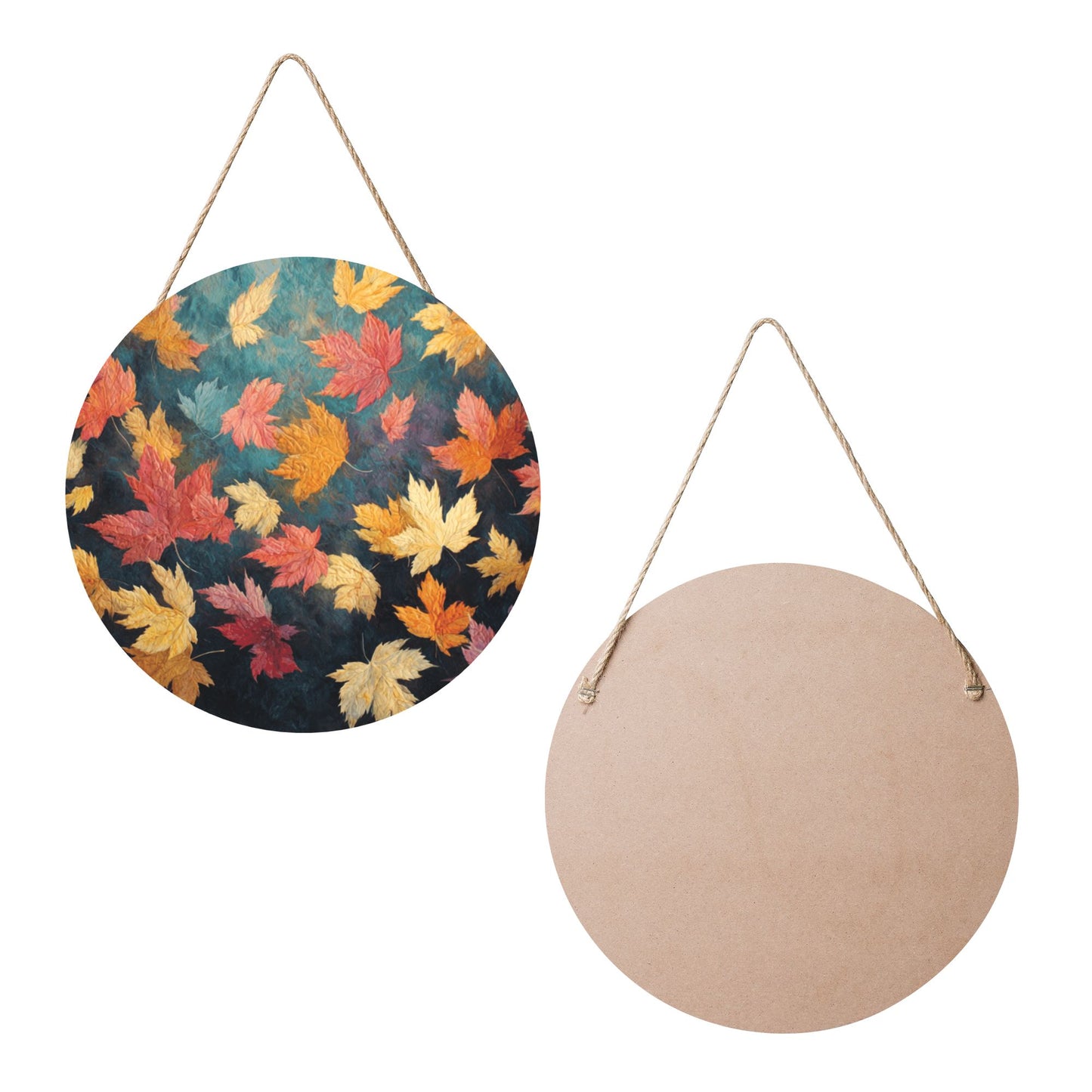 12 - inch (Approx 30cm) Round Wooden Wall Art - Colorful Autumn Leaves Decorative Hanging Signs (Set of 3)