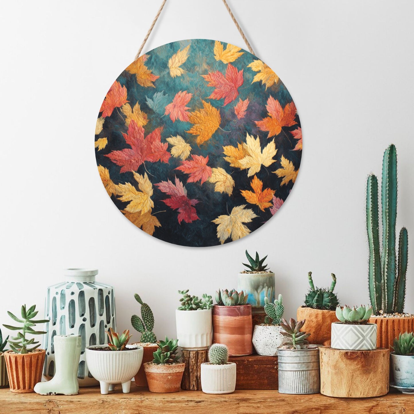 12 - inch (Approx 30cm) Round Wooden Wall Art - Colorful Autumn Leaves Decorative Hanging Signs (Set of 3)