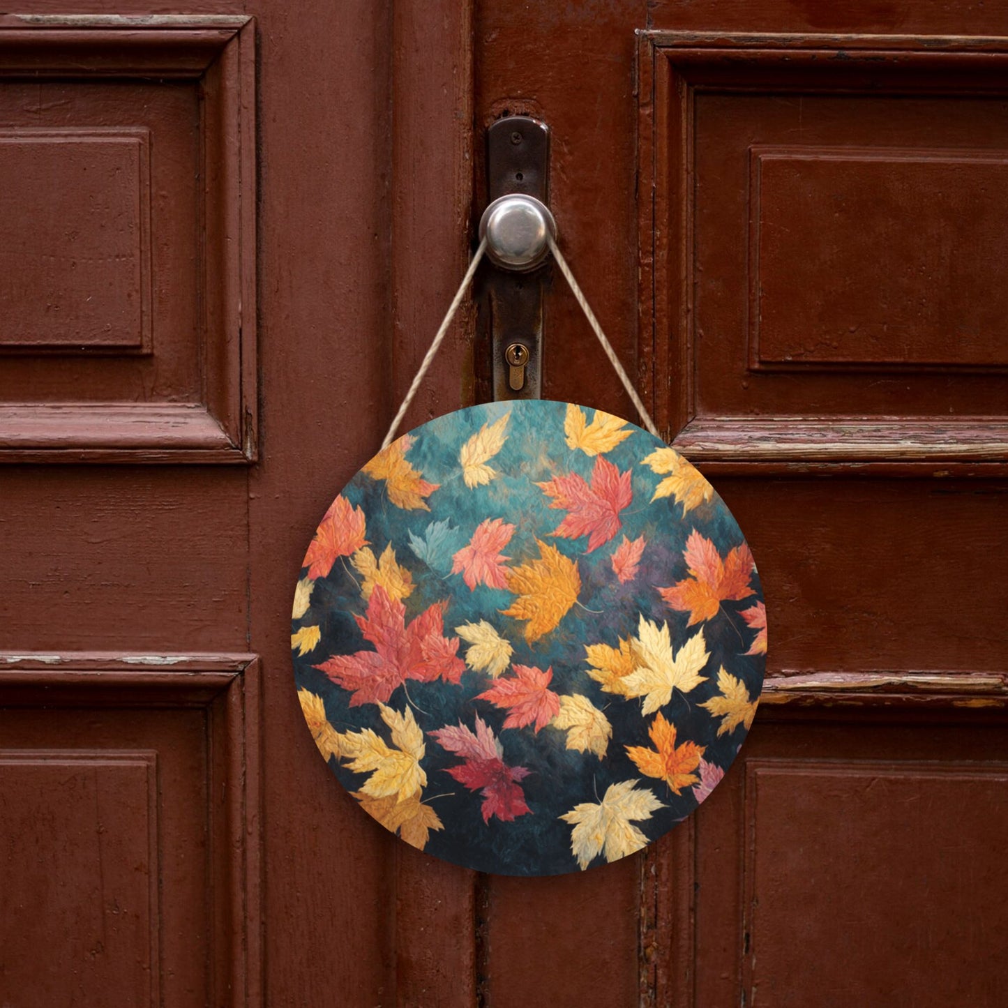 12 - inch (Approx 30cm) Round Wooden Wall Art - Colorful Autumn Leaves Decorative Hanging Signs (Set of 3)